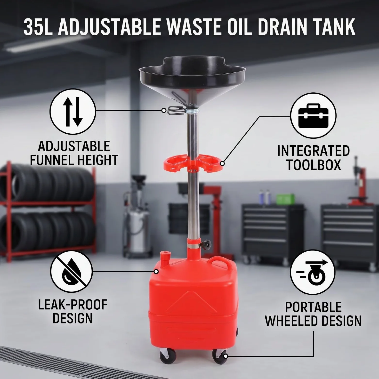 Tanque de Drenaje de Aceite Usado, Contenedor de Cambio de Aceite Portátil Móvil de Altura Ajustable de 35L para Talleres de Reparación de Automóviles