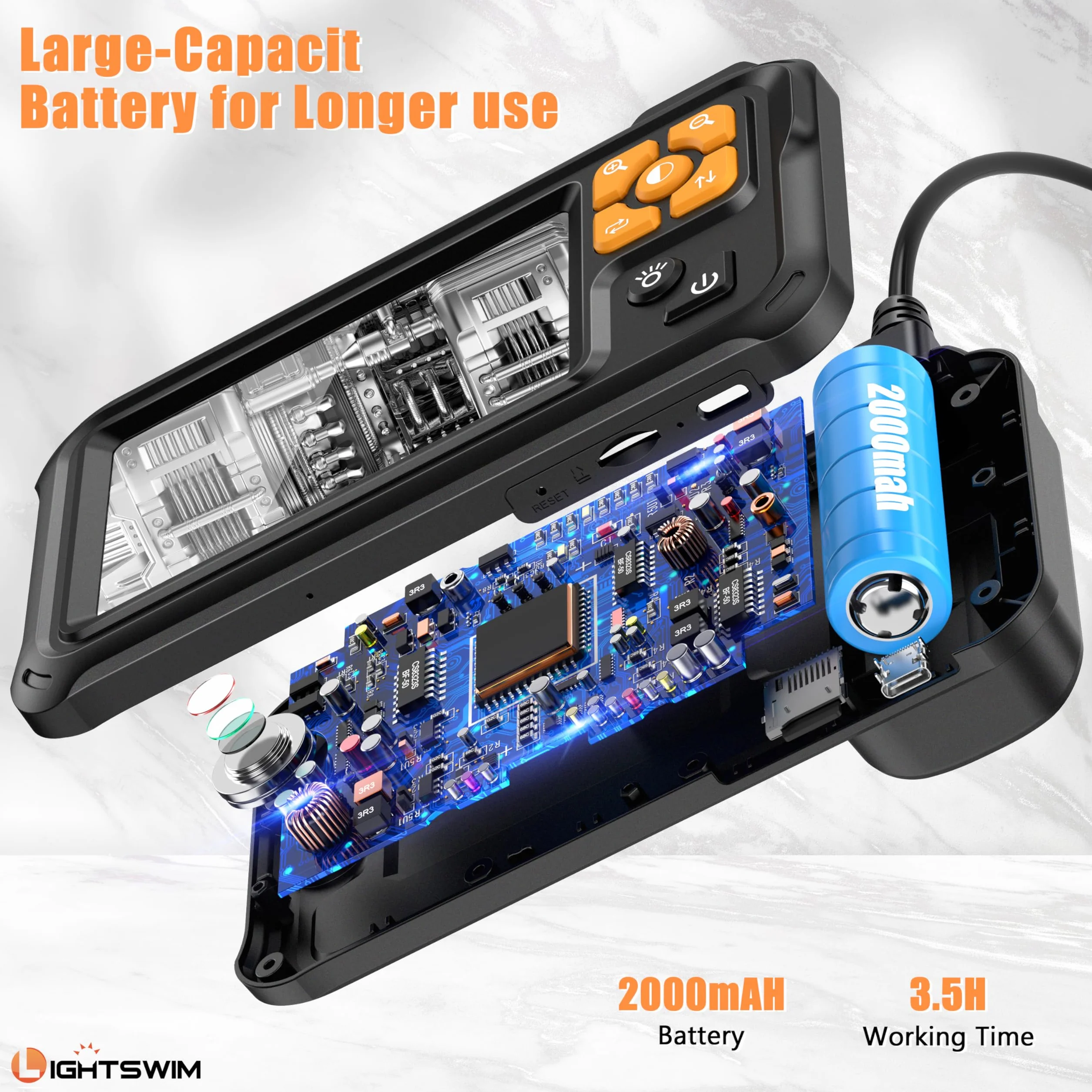 Lightswim - Boroscopio Digital Industrial HD 1080P, cámara de inspección endoscópica IPS de 4.3 Pulgadas con alcantarillado de Serpiente Impermeable IP67 de Mano con 8 Luces LED, Cable semirrígido de