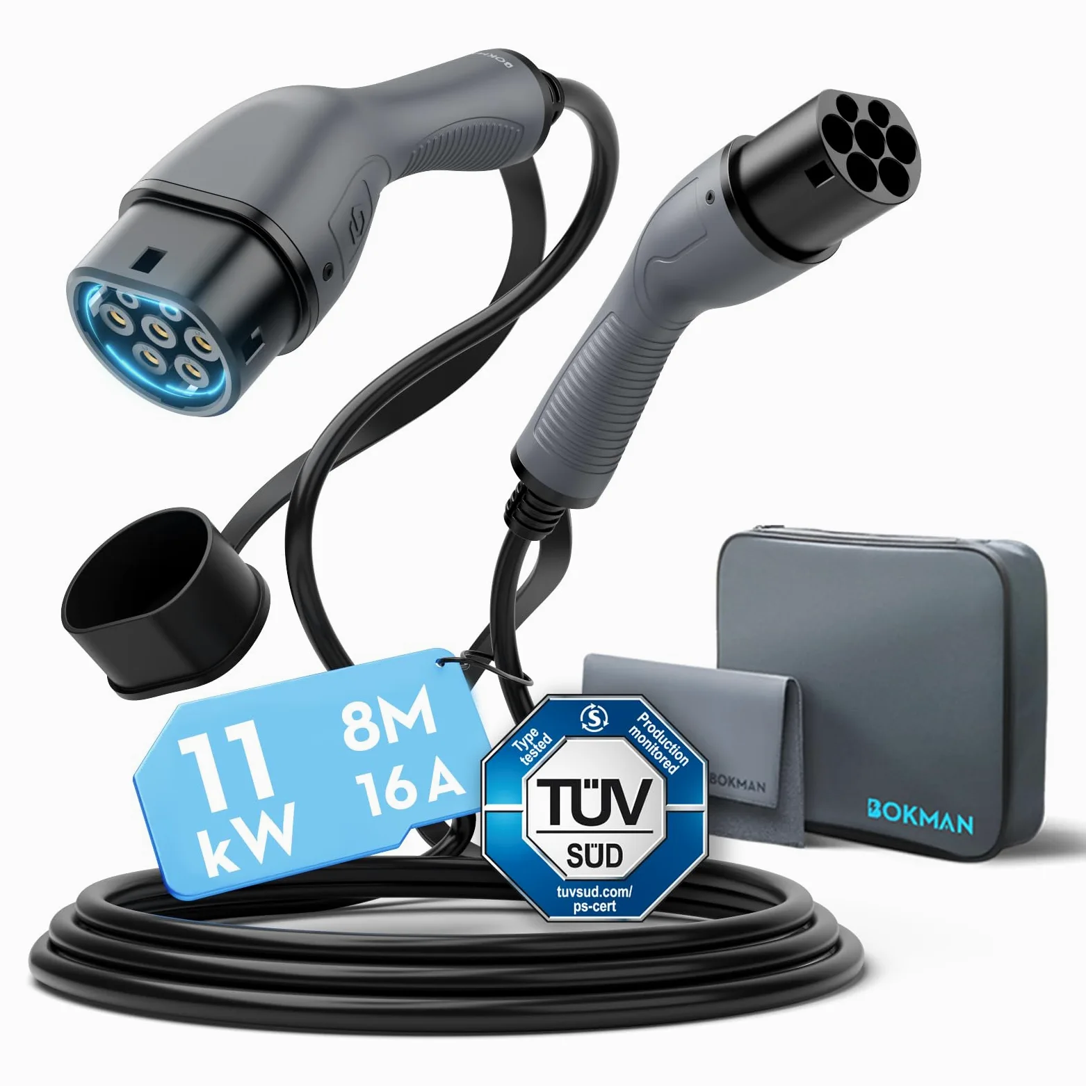 bokman EV Cable de Carga Tipo 2 11kW 8 Metros | Modo 3, 16A, Monofásico, Cable de Carga Rápida Híbrido Enchufable para Vehículo Eléctrico Tipo 2 a Tipo 2