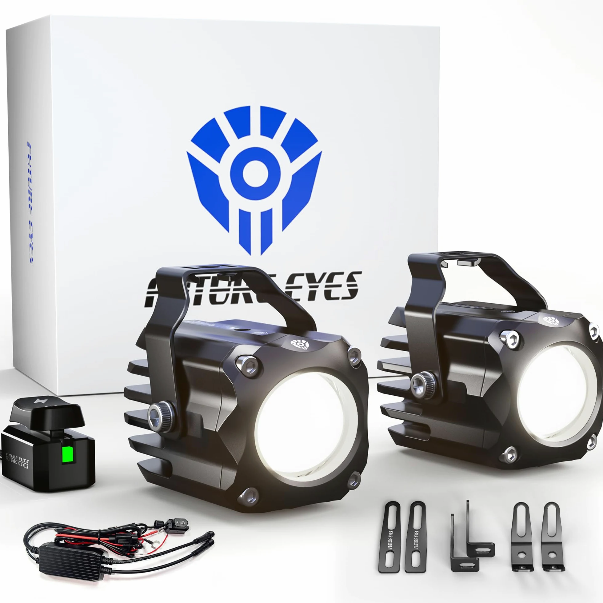 Future Eyes Feux Additionnels Moto LED, 120W 12000LM CE E-Mark E57, IP67 Étanche Phare Auxiliaire Moto, Feux LED 60W Double Faisceau avec Support 360°