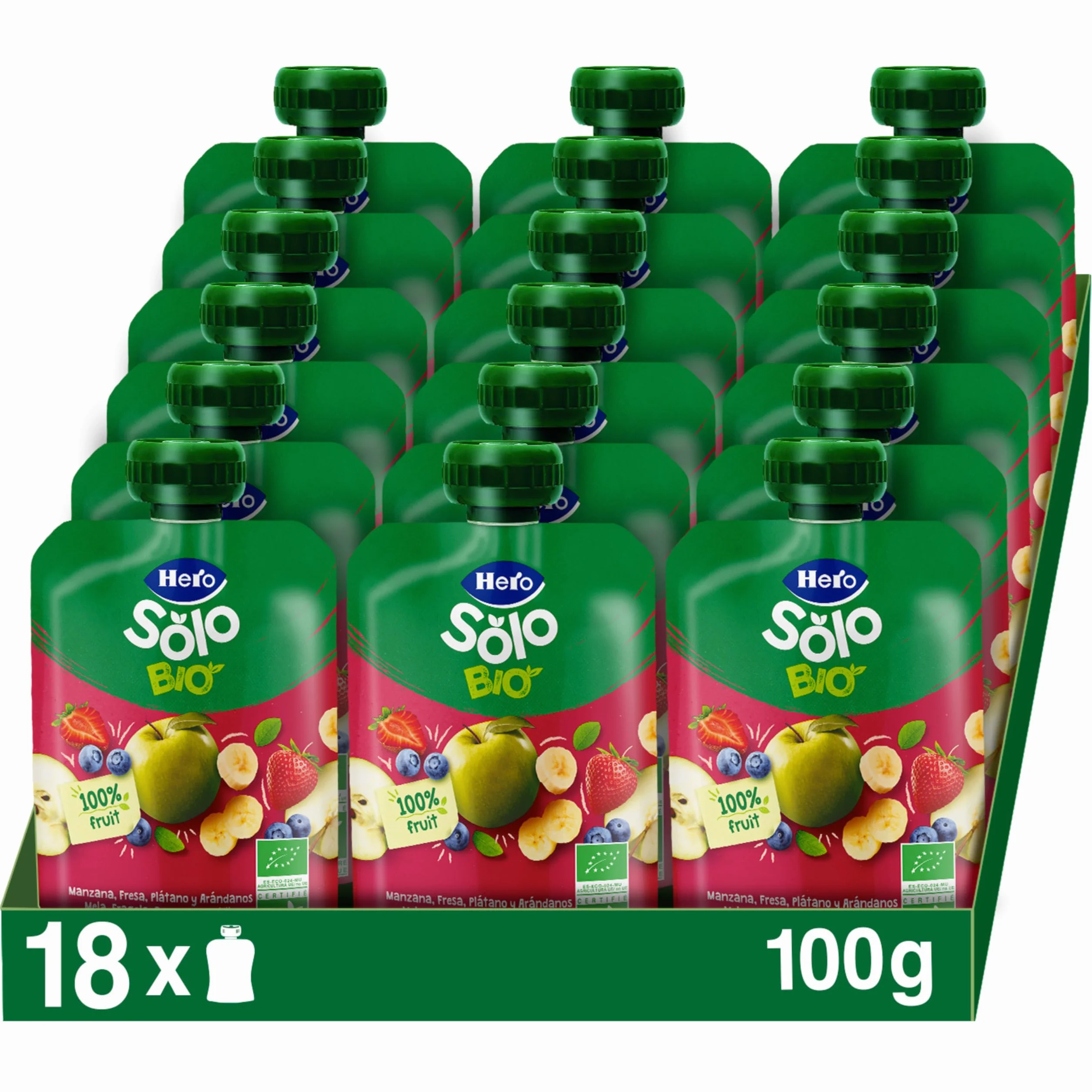 Hero Solo Bolsitas Ecológicas Manzana Fresa Plátano Arándanos 18x100g