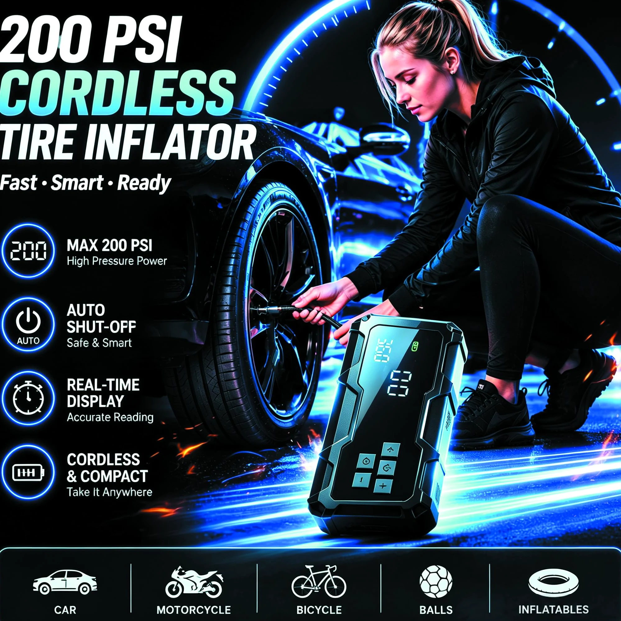 Inflador de neumáticos portátil compresor de aire bomba de aire para neumáticos de coche con manómetro digital, iluminación de emergencia y función de apagado automático, bomba inalámbrica