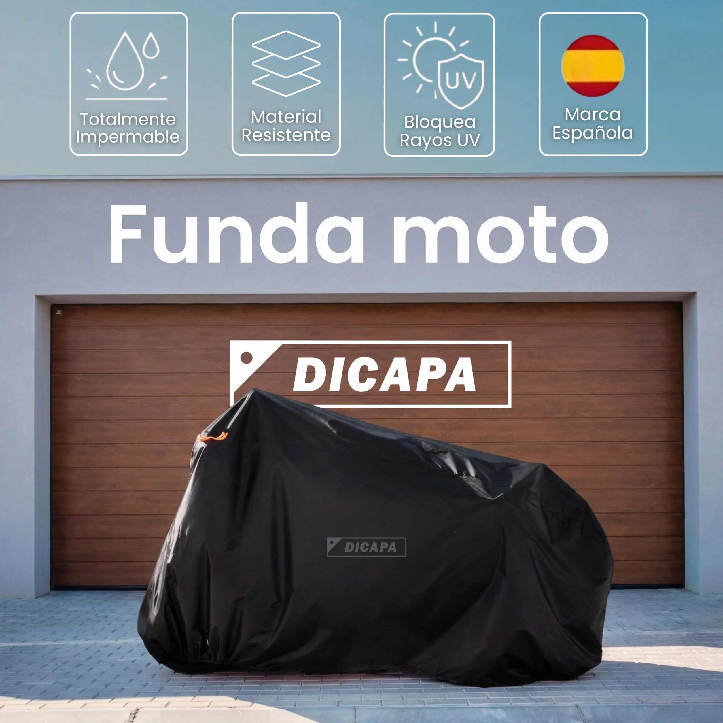 DICAPA Funda Moto Impermeable 245x105x125cm (XXL) Resistente al Agua, Viento, Nieve y Rayos UV. Funda para Moto con Sistema Antirrobo y Cierre Elástico