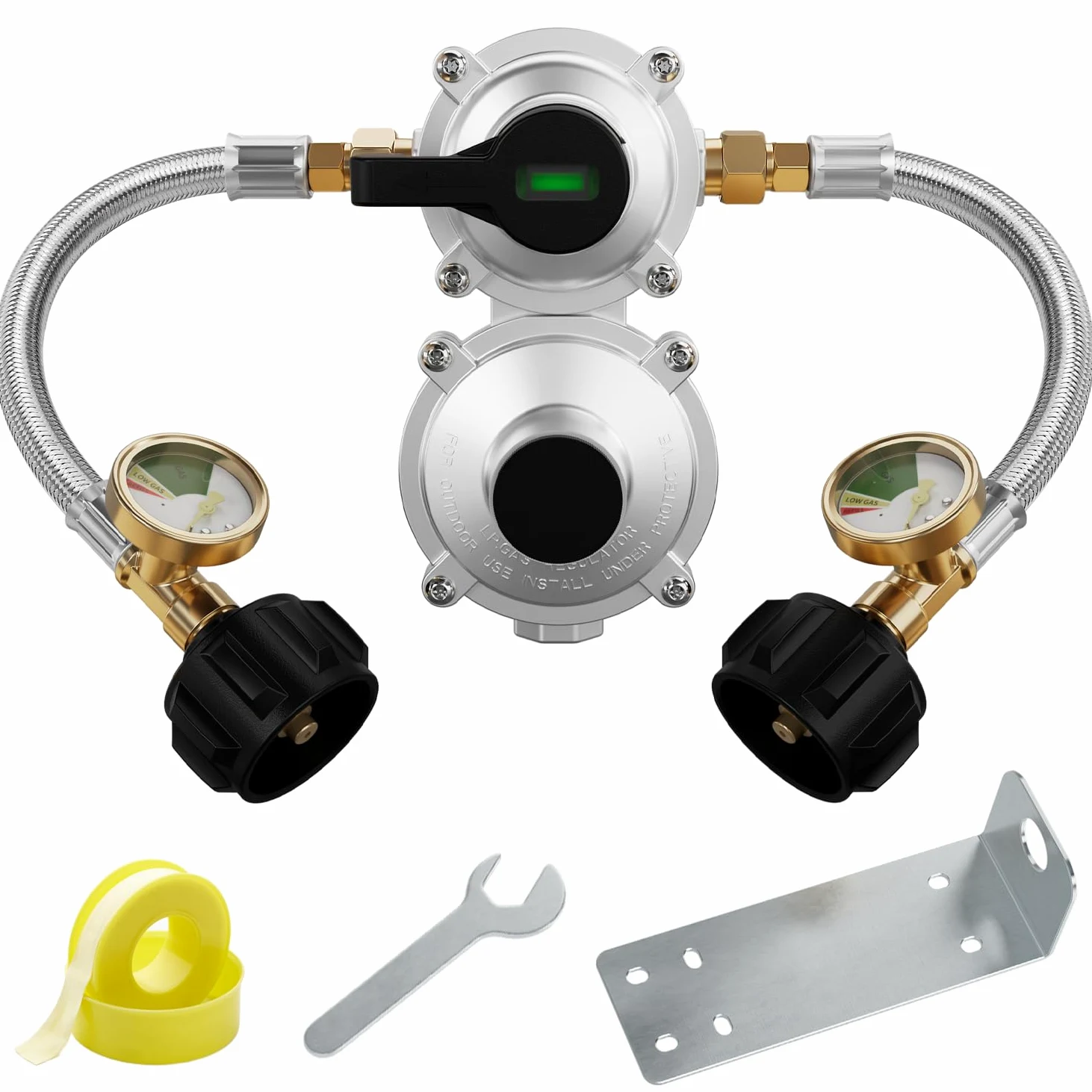 CALPOSE Regulador de 2 etapas con manguera de tubo de escape RV de 18 pulgadas, regulador de propano RV de 2 etapas, exterior hembra NPT de 3/8 pulgadas, para remolque RV