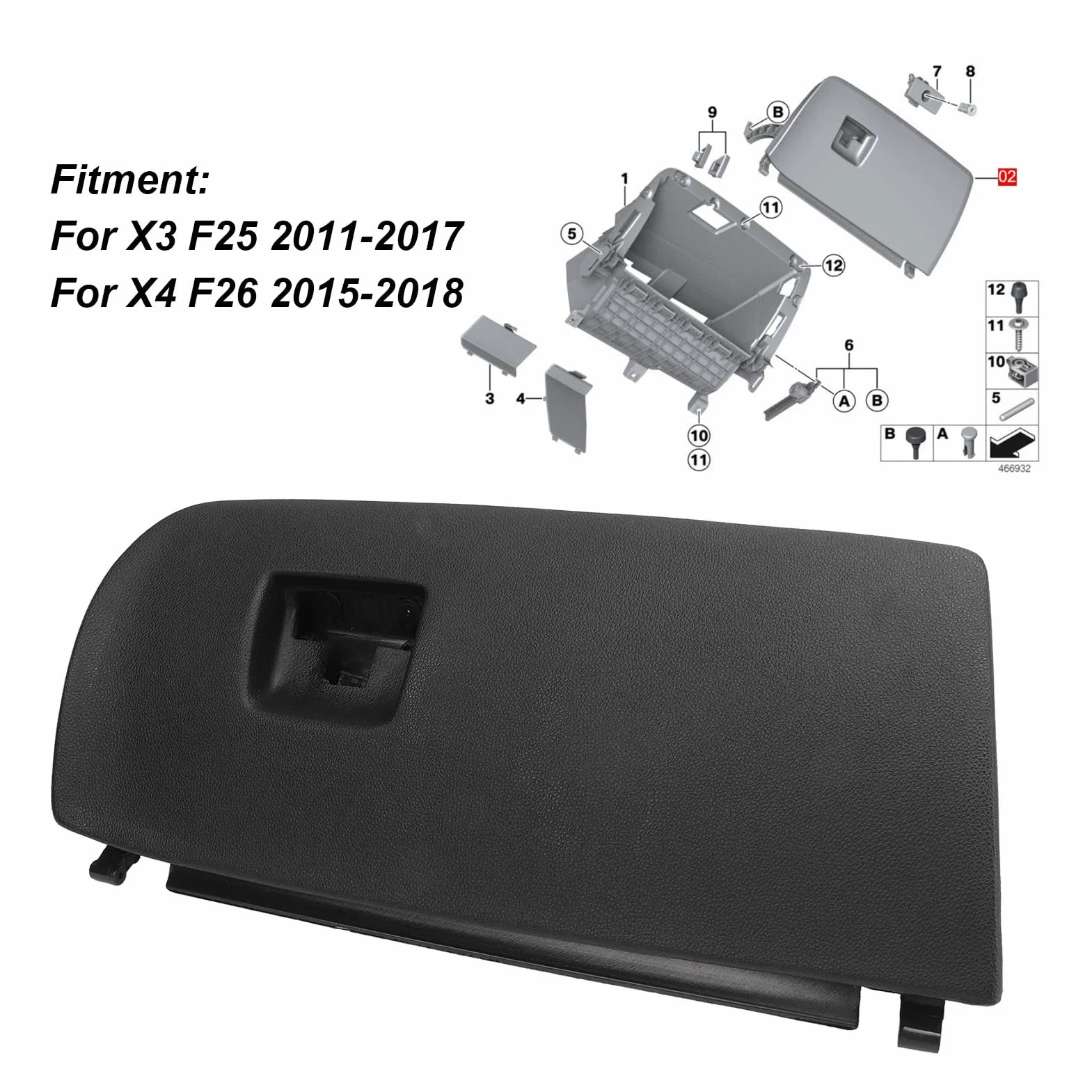51166839000 Tapa de la Guantera para X3 para X4, Tapa de la Puerta de la Caja, Tapa de la Puerta de la Guantera del Tablero de Apertura Suave Frontal Negra para X3 X4