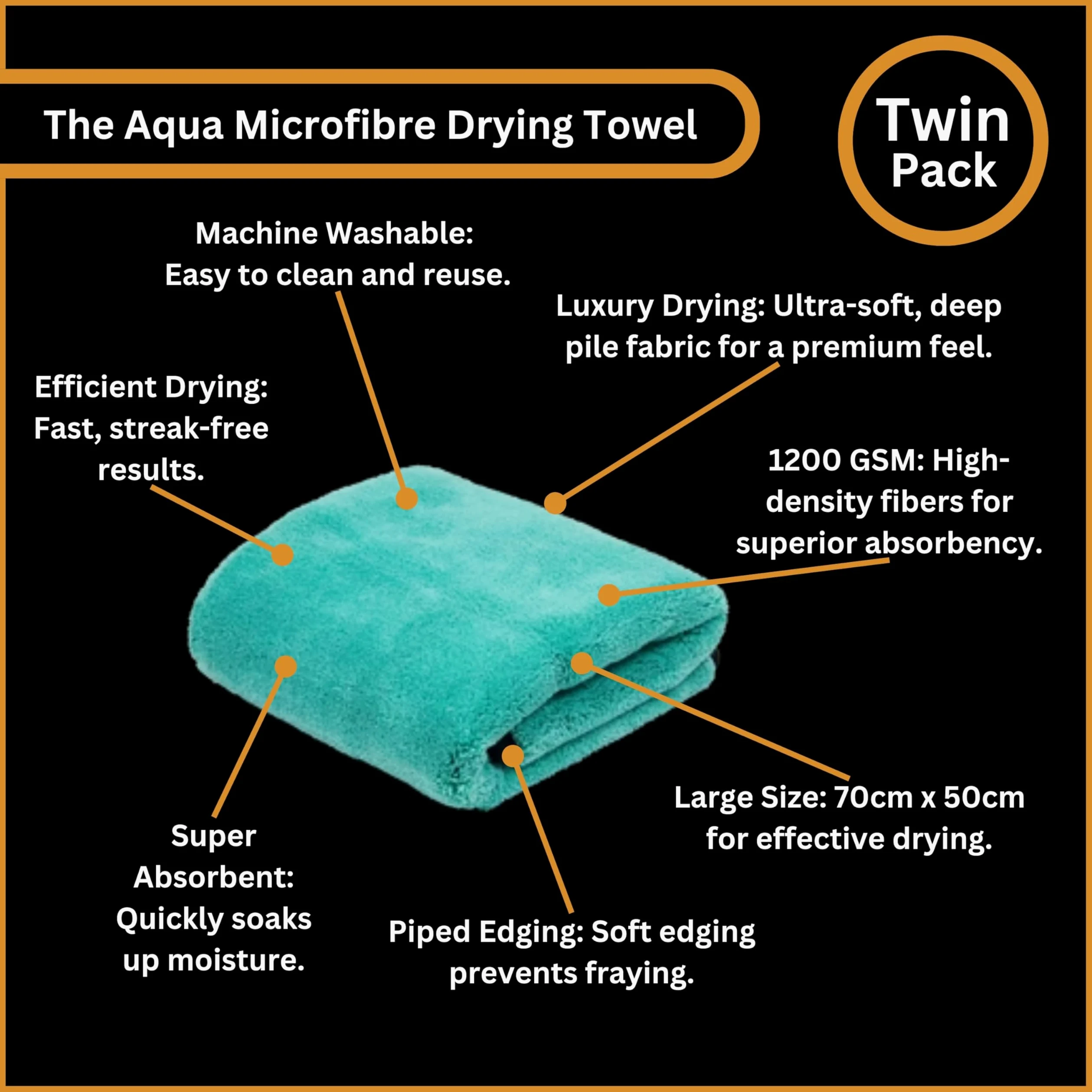 Tek Automotive Aqua - Juego de 2 toallas de secado de coche de lujo de 1200 g/m², paños de microfibra extra grandes (50 x 70 cm), superabsorbentes, ultrasuaves, para limpieza, detalles, pulido y