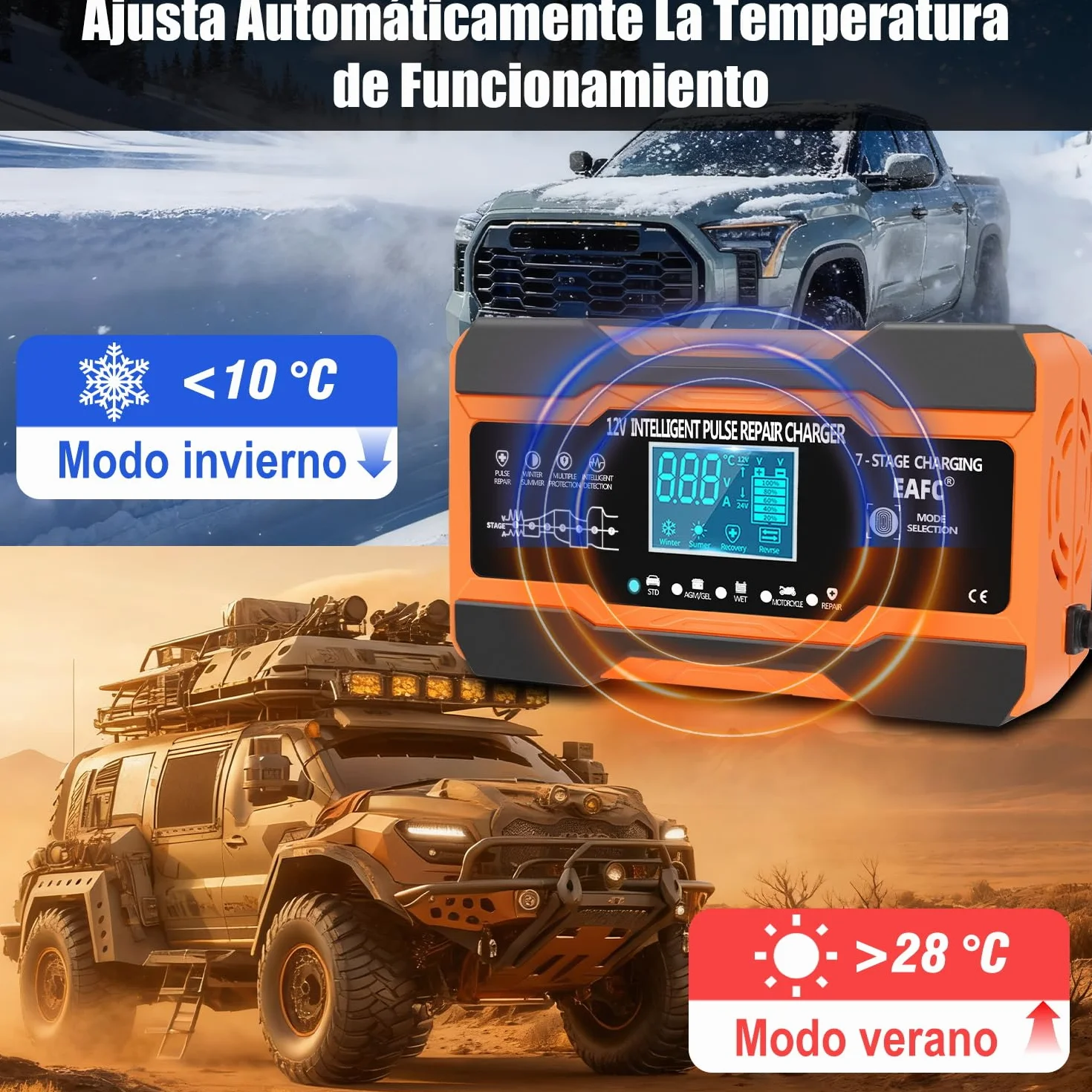 12A Cargador Baterias Coche Inteligente 12V, Mantenedor Bateria Moto para Baterías de Plomo-ácido, STD, AGM, Gel, SLA, Cable de 2m, Control Táctil, Compensación de Temperatura
