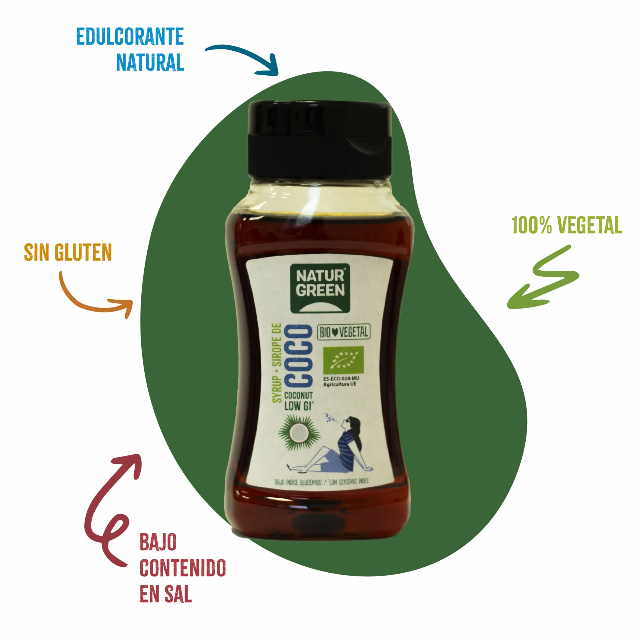 NaturGreen Sirope de Coco BIO Jarabe de Coco Dark Ecológico Bajo Índice Glucémico Edulcorante Vegano Sin Gluten - 255 ml/350g
