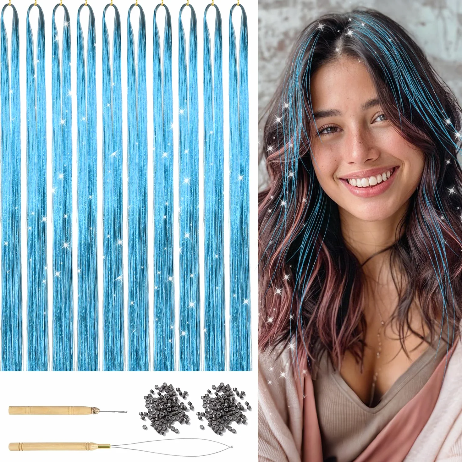 Kit de Tinsel Azul de 47 Pulgadas, Mechones de Extensiones de Pelo Brillante para Mujeres y Niñas, Accesorios de Fiesta