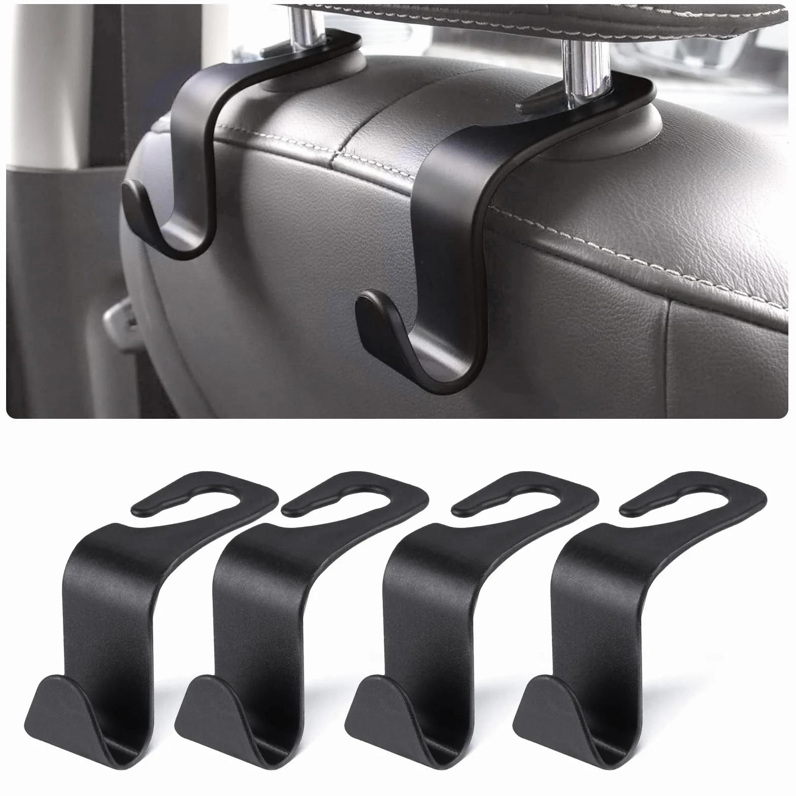 URAQT Ganchos para Asiento de Coche, 4PCS Gancho de Asiento Trasero de Coche, Ganchos para Reposacabezas de Coche, Negro Multifuncionales Accesorios Coche, para Bolsas, Monedero, Botellas de Agua