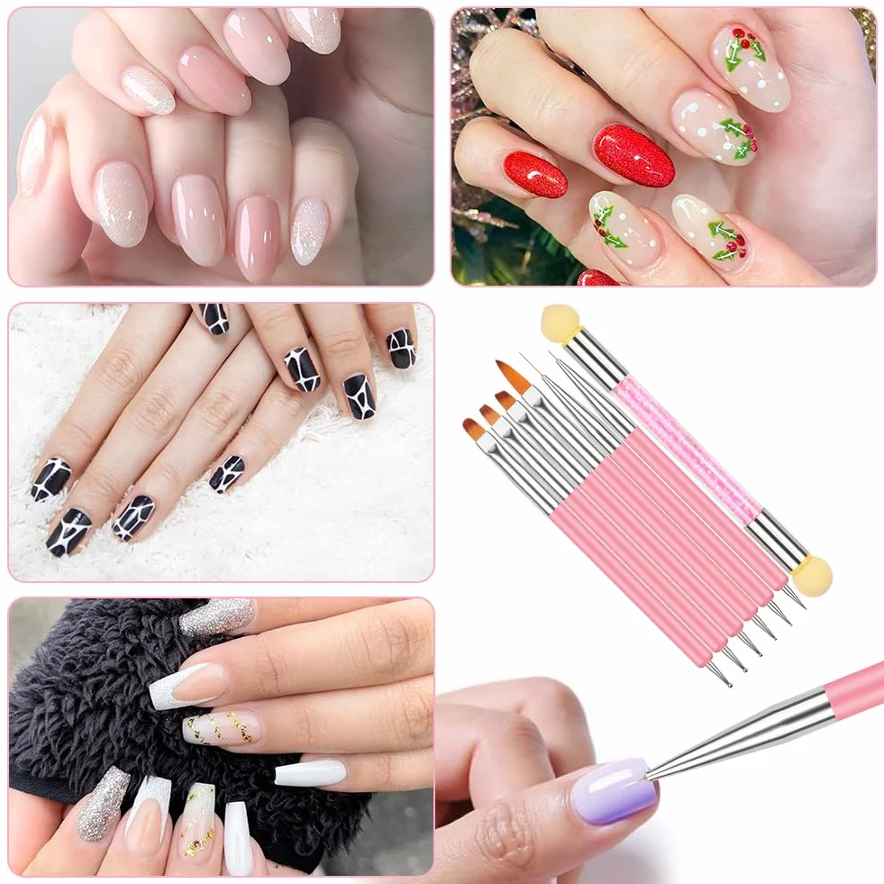 Pinceles para Uñas Double Head 6 Piezas con Cepillo Esponja, Herramienta de Manicura para Pintura y Dibujo Fino, Negro