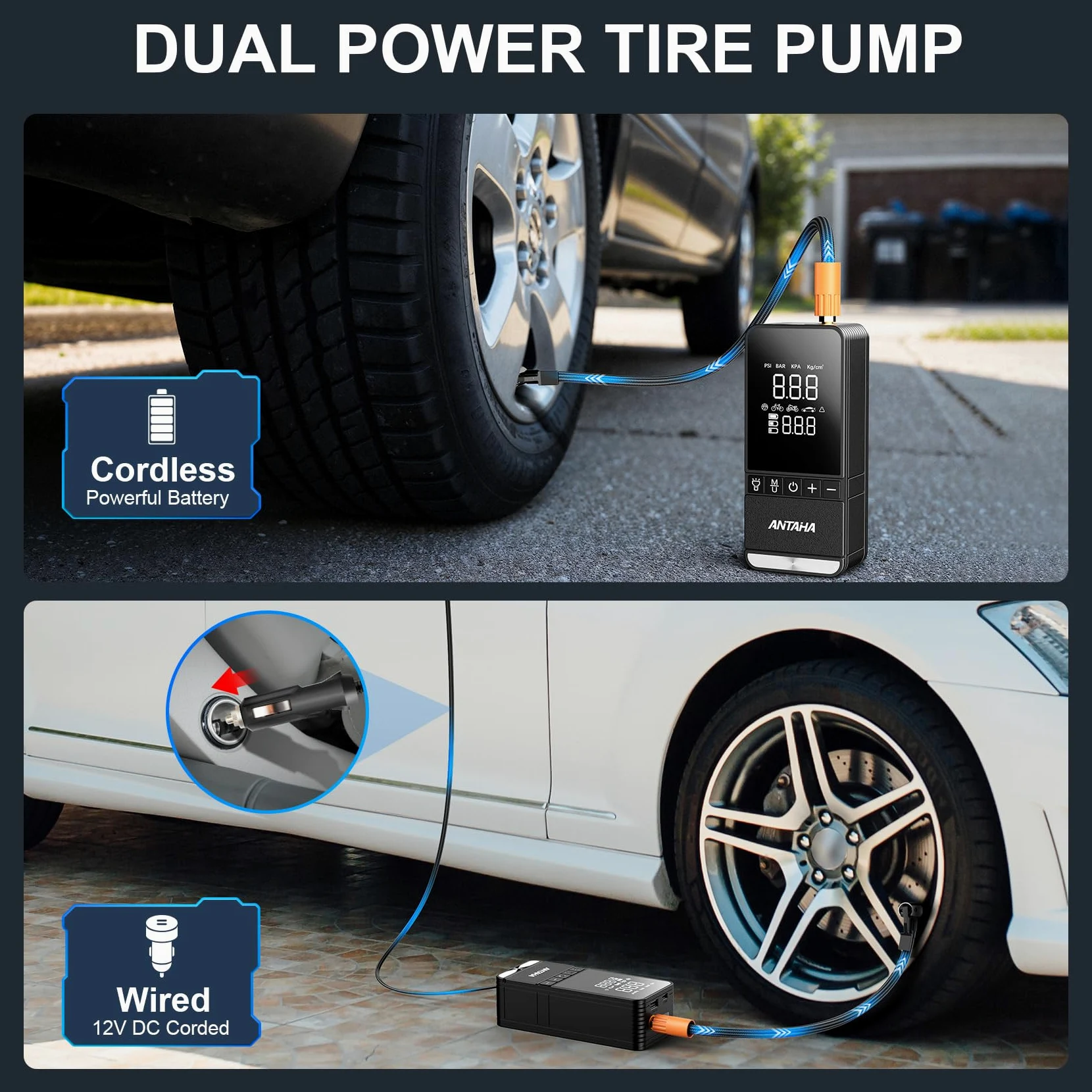 Compresor de aire portátil para neumáticos, bomba de aire inteligente de 150 PSI para neumáticos de automóvil con medidor de presión digital, bomba de neumáticos para automóviles