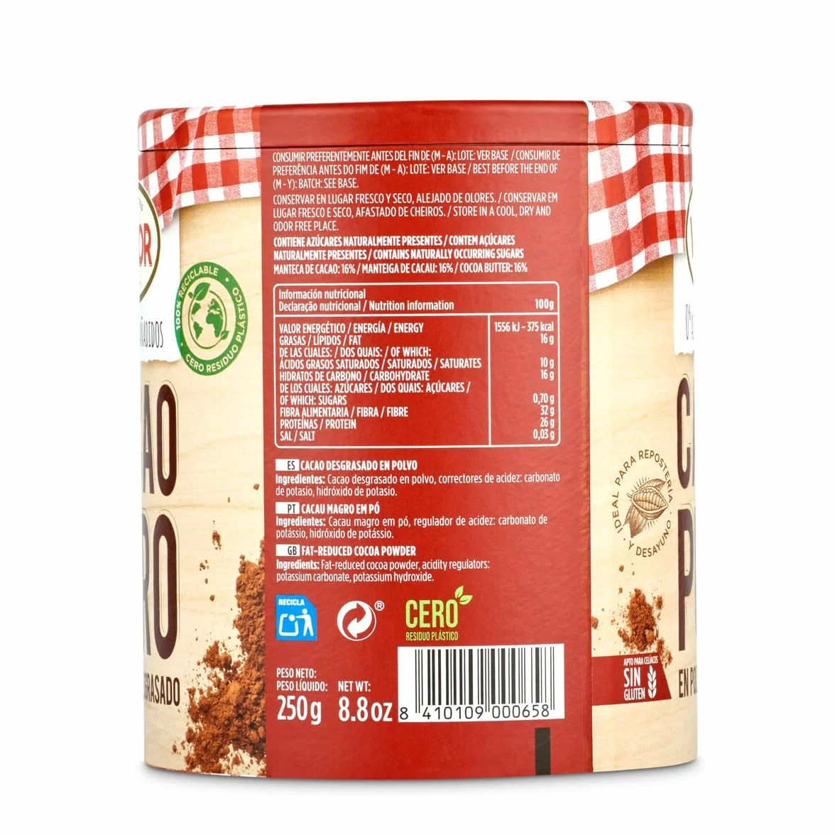 Valor Cacao puro soluble en polvo desgrasado 0% Azúcares añadidos Sin gluten 250 Gramos