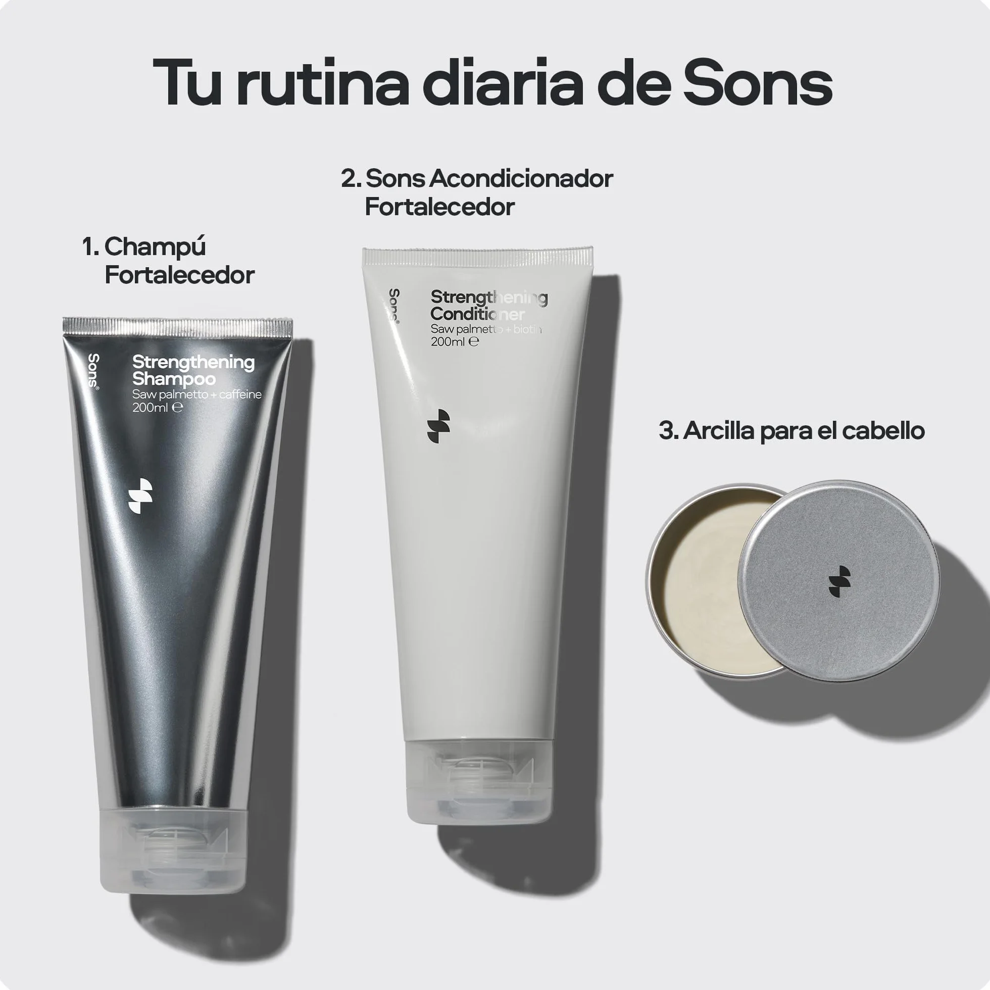 Sons Champú Crecimiento Cabello Hombres 200ml Bloqueador DHT Fórmula Engrosante Saw Palmetto Aceite Argán Cafeína Romero
