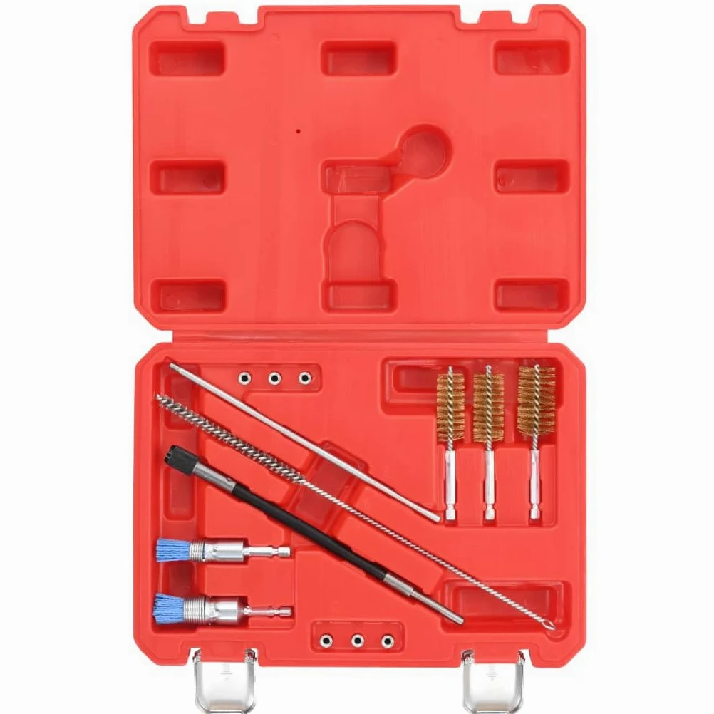 Kit de limpieza de inyectores de combustible de acero al carbono, 14 piezas, para motores diésel, con cepillos y tapones de bloqueo, para reparación de coches y garaje