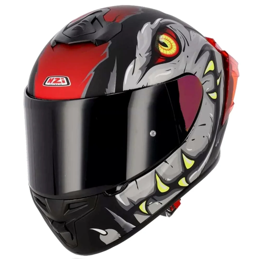 NZI Trendy 3 Stream Raptor Grey Red Mate - Casco de Moto Integral con Pantalla Oscura + Transparente + Spoiler ECE 22.06 - Unisex Hombre y Mujer (S)