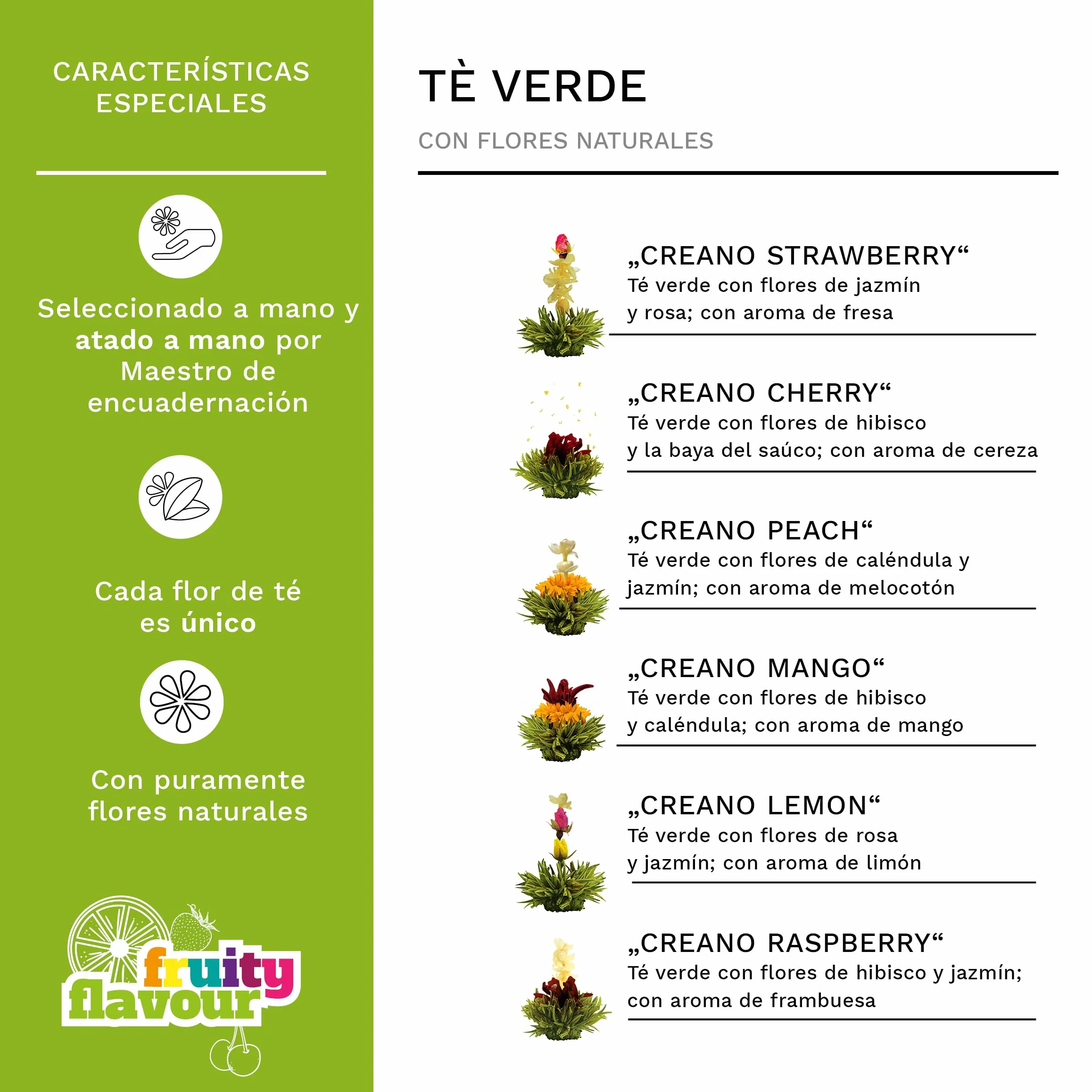Creano Flores de Té Verde Cofre de Degustación 6 uds – Mezcla de Té Verde Frutal Aromatizado