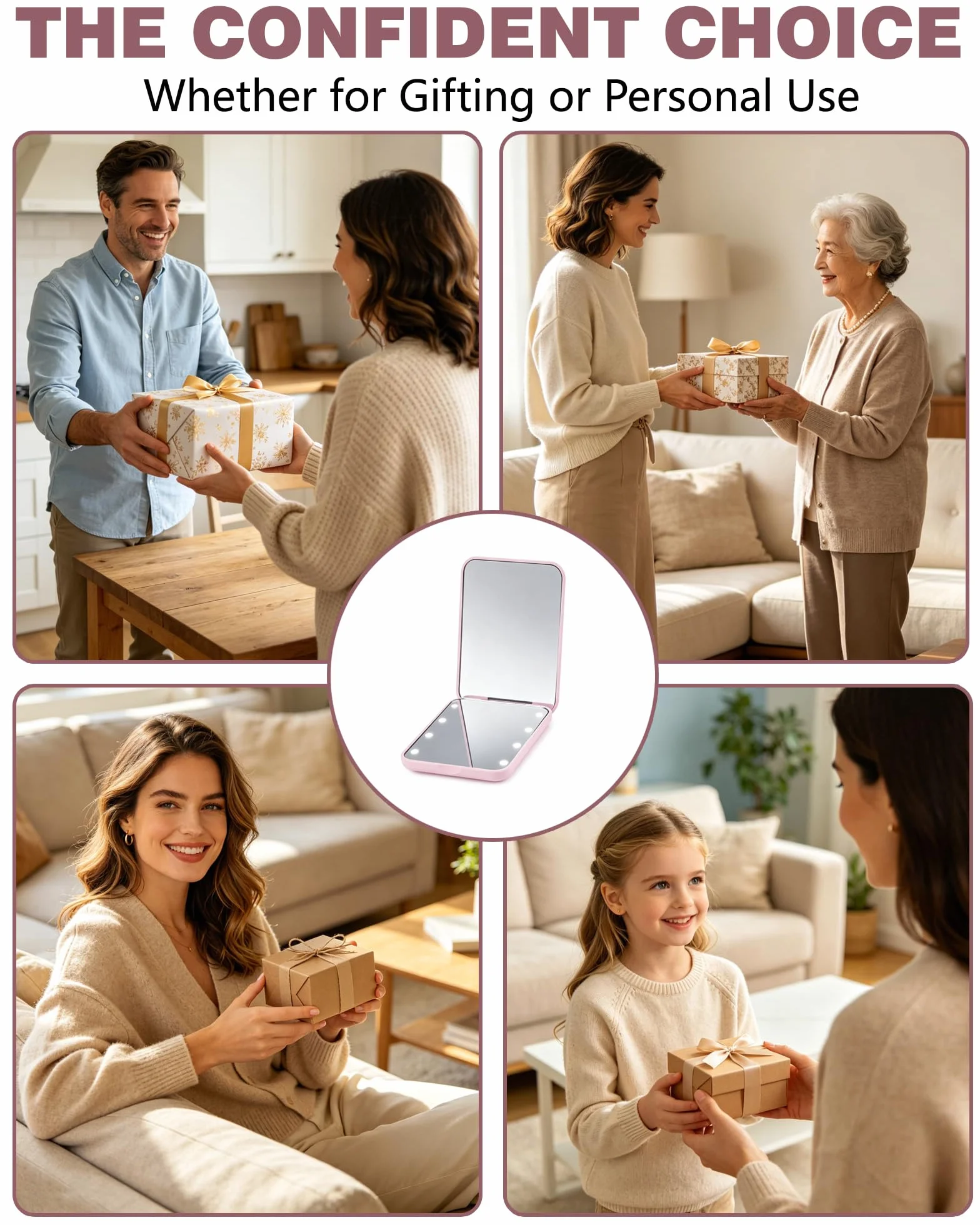 Espejo Maquillaje con Luz LED Plegable Aumento 1x/2x Portátil Rosa
