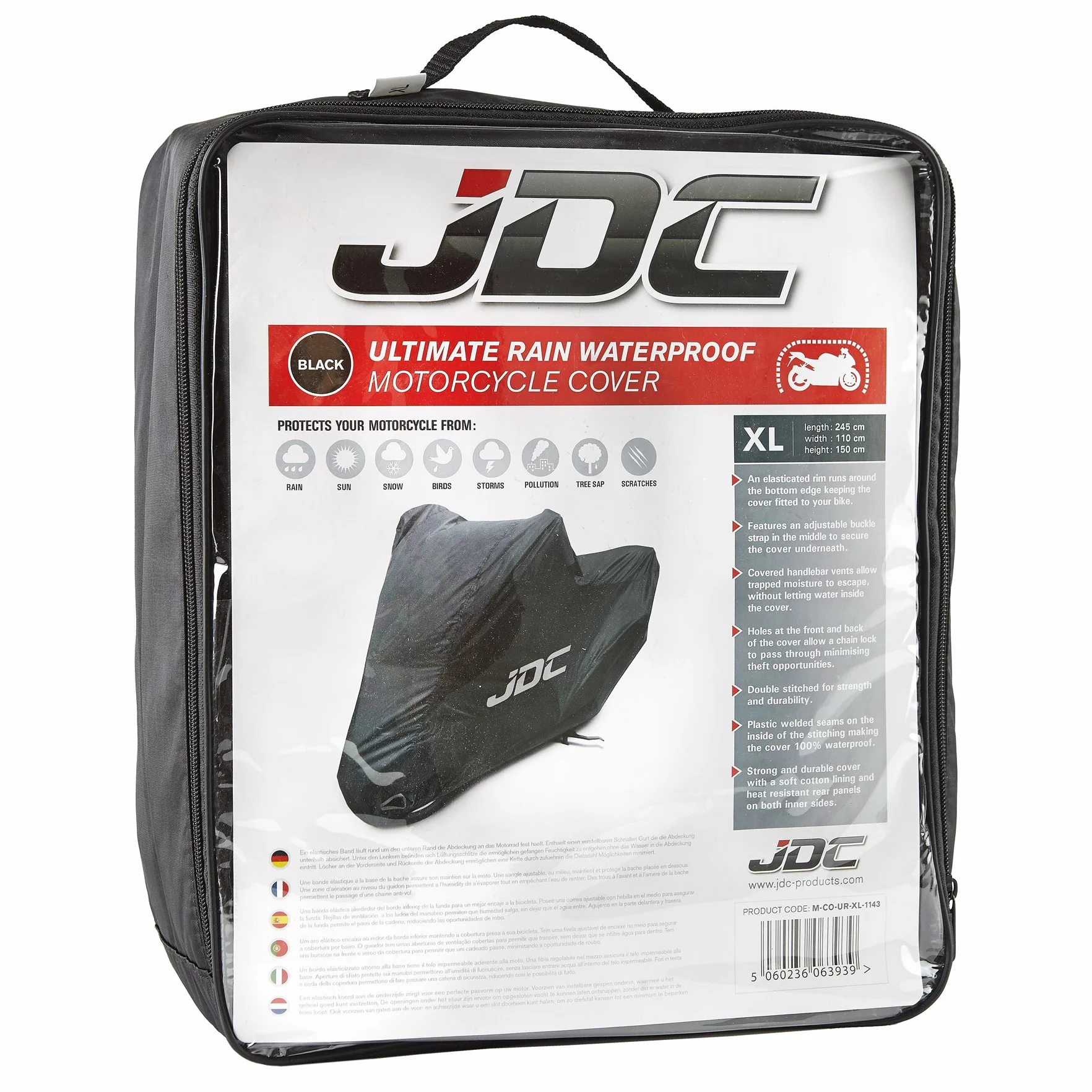 JDC Funda Moto 100% Impermeable - Ultimate Rain (Resistente, Forro Suave, Paneles Resistentes al Calor, Costuras Selladas) - XL Baúl