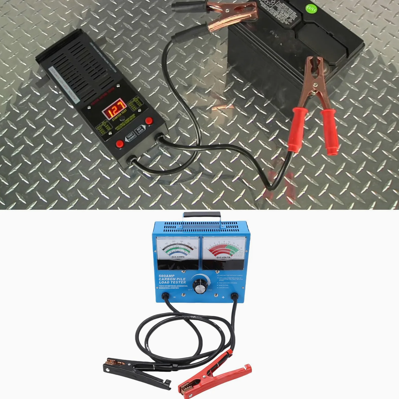 Luocute Probador de Carga de Batería de Coche 1000 CCA, Voltímetro de Probador de Alternador de Carga Automotriz Portátil 500A para Carros Motocicletas