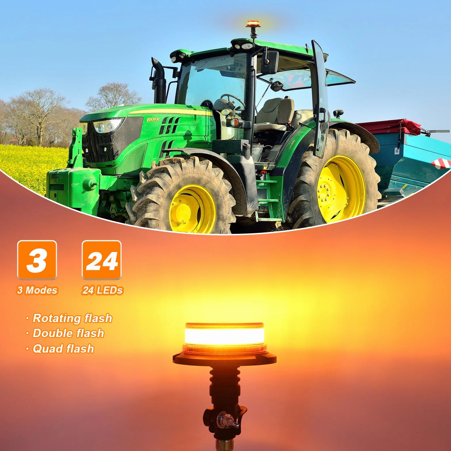 Luz Estroboscópica LED Ámbar 24 LED 3 Modos para Tractores Maquinaria Agrícola