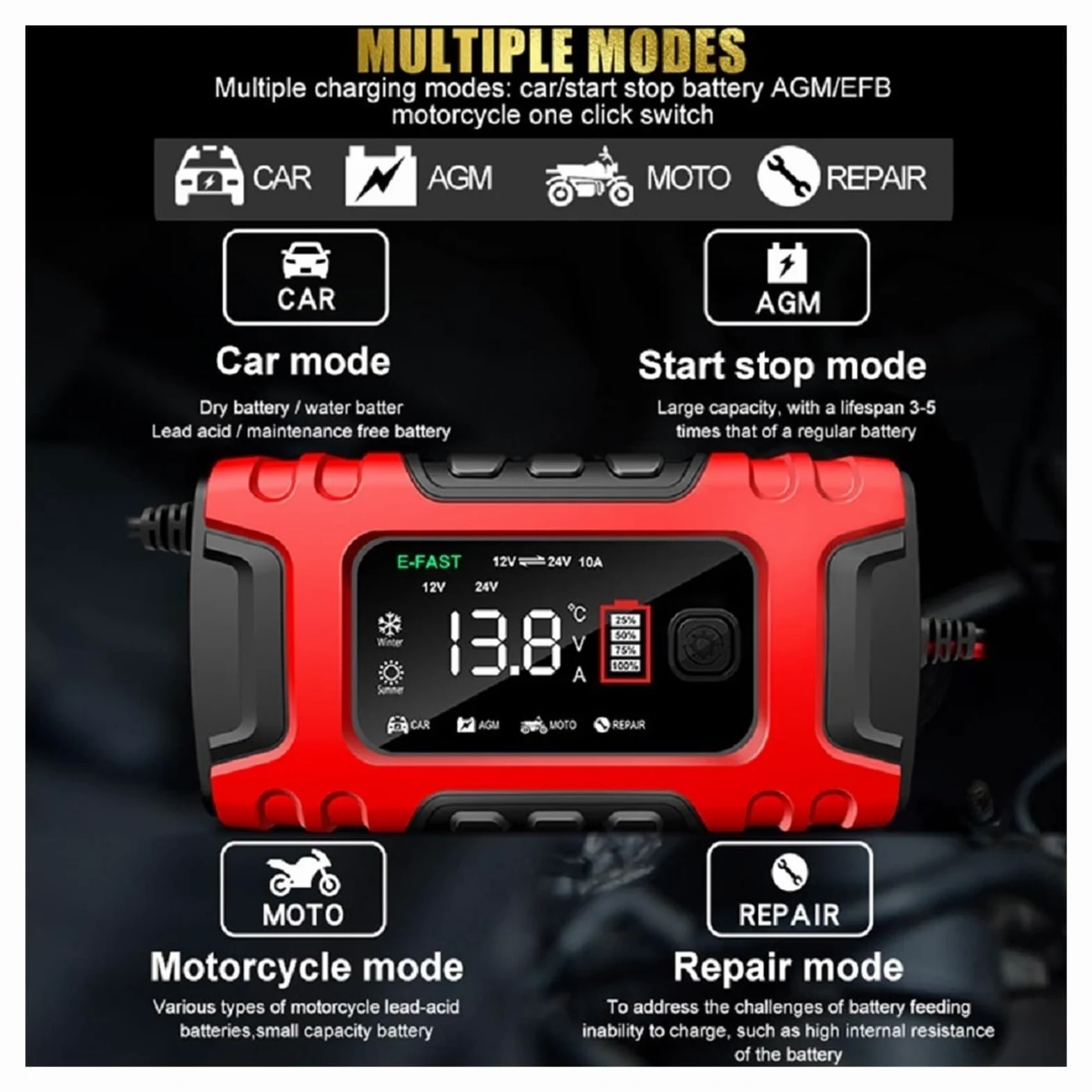 Cargador De Batería Coche Inteligente 7 Etapas 12V-24V, Digital 10A Completamente Automático, Reparación Pulso For Ácido Plomo Carga De PrecisióN(Yellow)