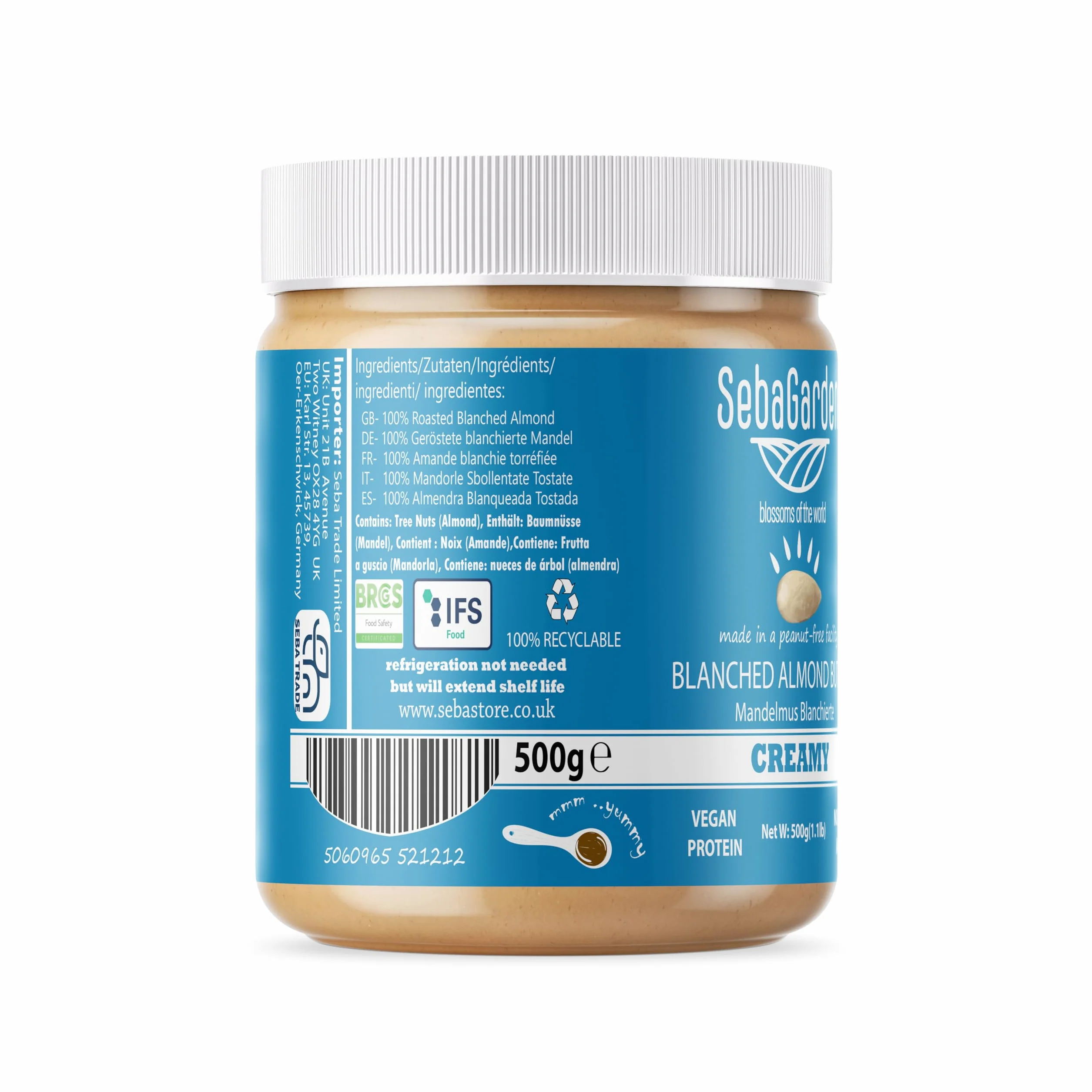 Seba Garden Mantequilla de almendras blanqueada 500 g sin sal sin azúcar vegana paleo