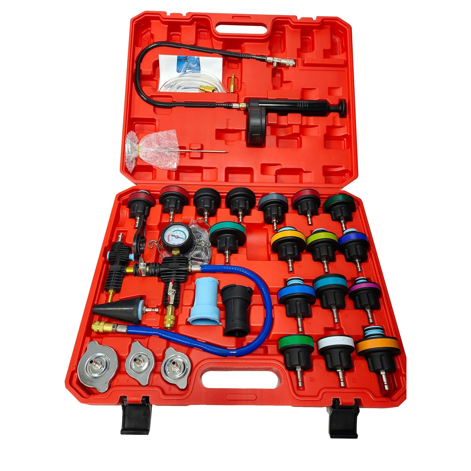 Kit de probador de presión de refrigerante, kit de probador de presión de radiador, kit de herramientas maestras de probador de sistema de refrigeración por vacío, se adapta a la mayoría de