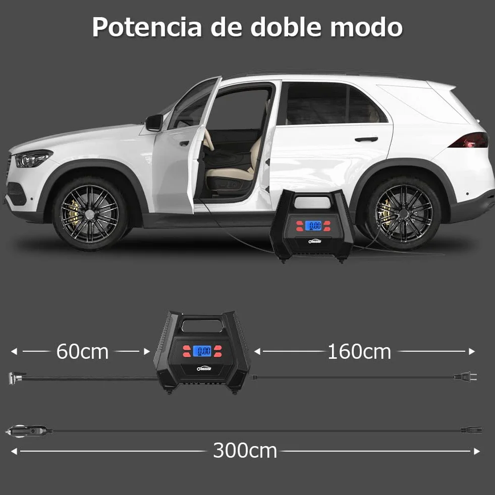 Oasser Inflador Ruedas Coche DC 12V y AC 220V Compresor Aire portatil con Pantalla LCD Luz LED Cable de 3M 150PSI para Coches, Motos y Bicicletas