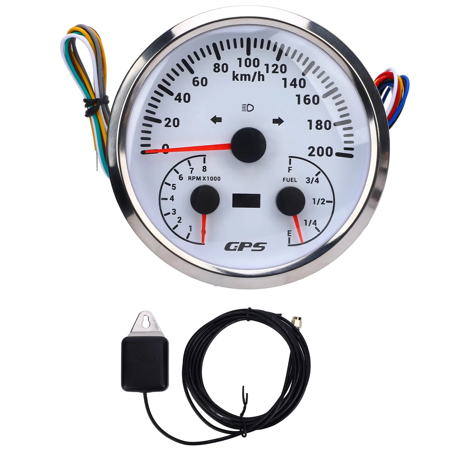 Medidor de odómetro GPS, velocímetro de 110 mm, tacómetro, 0-200 KM H, 0-8000 RPM, indicador de nivel de con señales de giro para camión yate RV (Esfera blanca y bisel plateado CXA098)