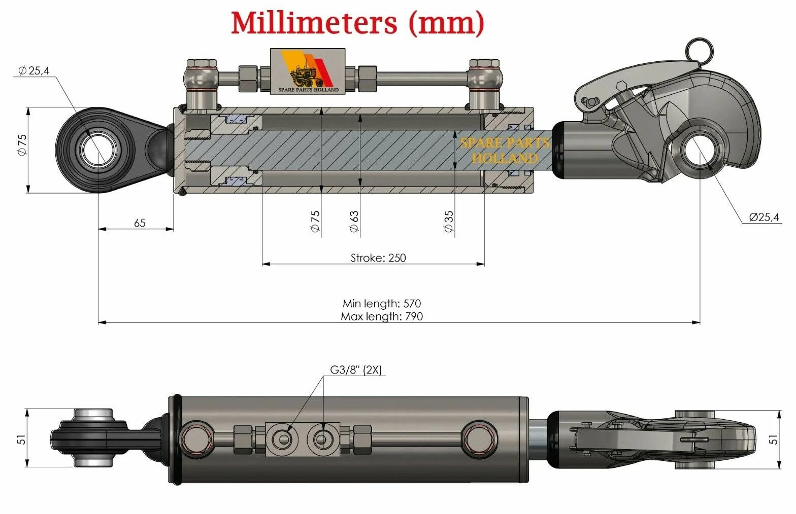 Tercer Punto Hidráulico Cat 2 (570-790 mm) con Engache Rápido, Bloque de Bloqueo y 2 Mangueras