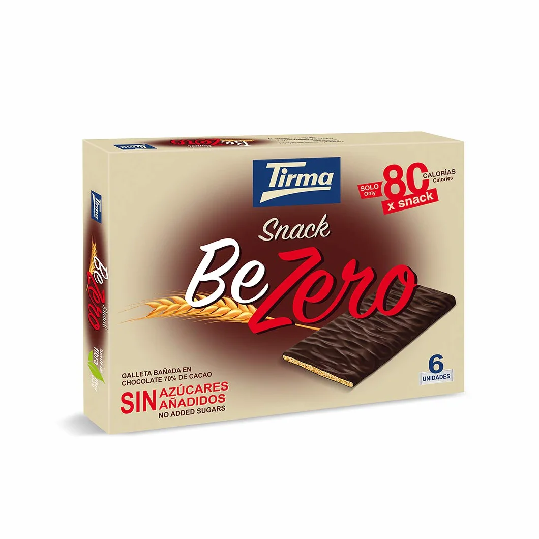 Tirma Snack Be-Zero Galletas Crujientes Cubiertas de Chocolate 70% Cacao Sin Azúcares Añadidos 80 kcal Pack 6 Unidades