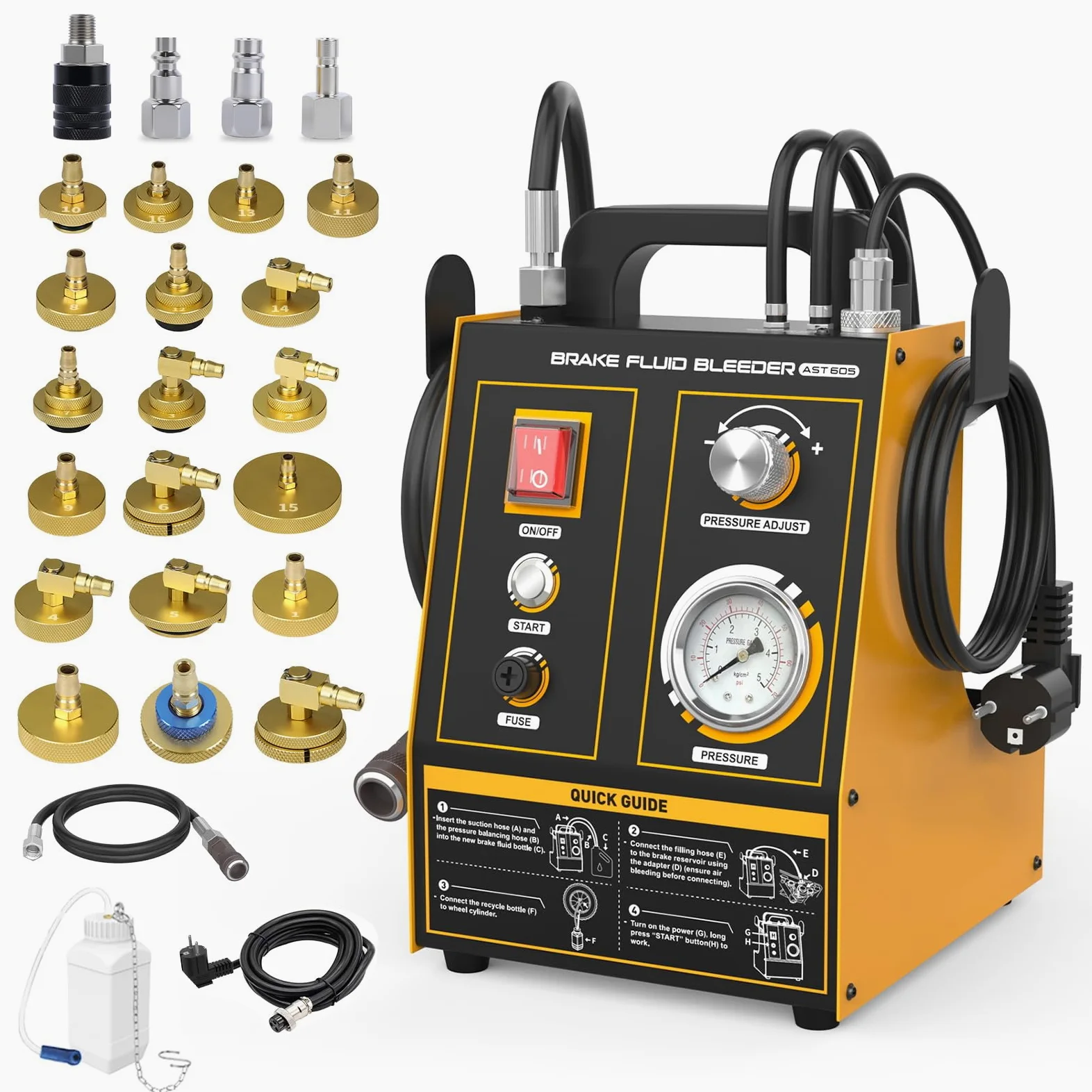 AST605 - Purgador de frenos para coche, 220 V, automático, con 20 adaptadores, 0,7 ~ 2,5 bar, presión ajustable