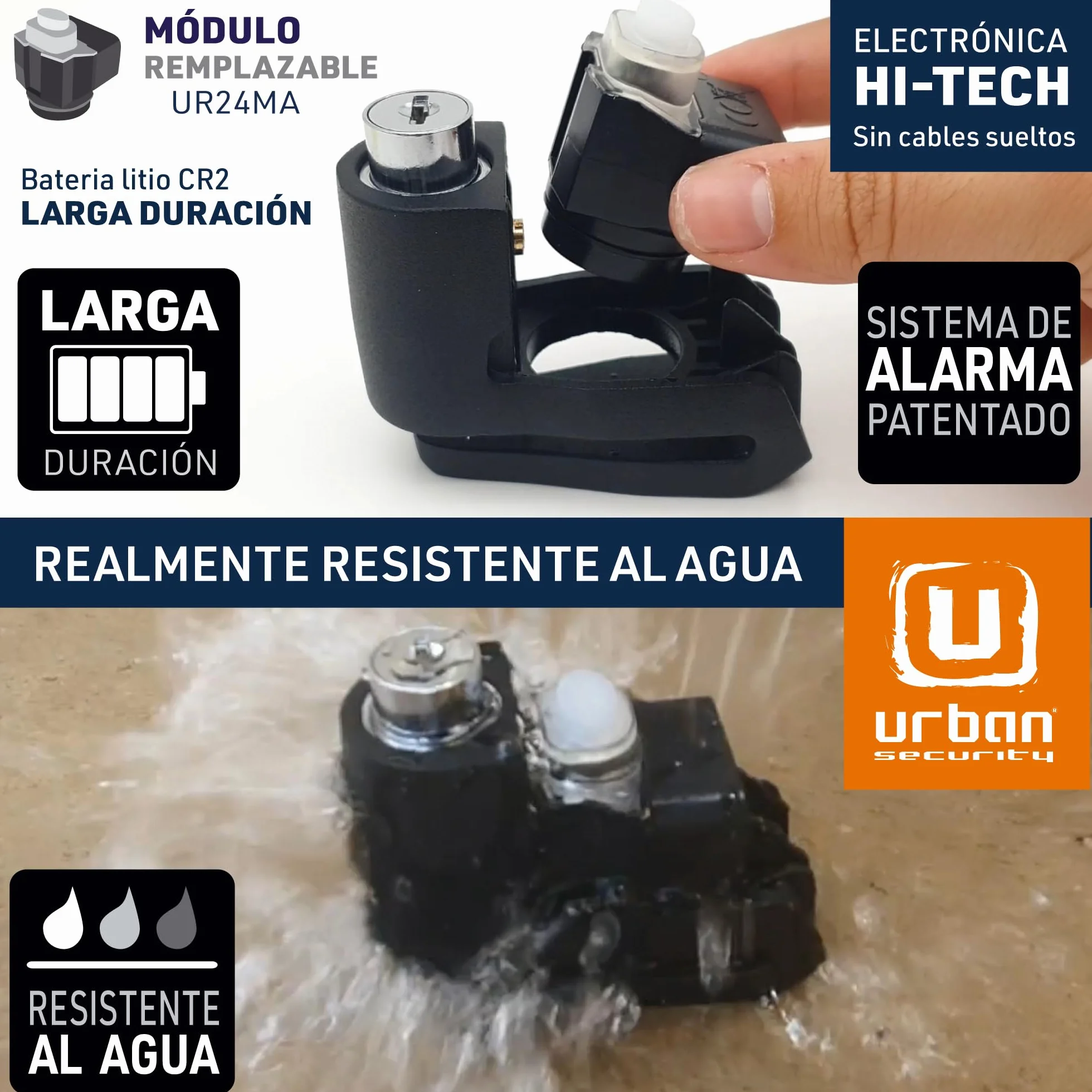 URBAN UR6 Candado Moto con Alarma Inteligente | Antirrobo Disco Más Eficaz | Hi-Tech, 120db, LED, Warning Sensibilidad A+, Pila CR2 Larga Duración, Más Impermeable, Pinza 6mm Universal Scooter Bici