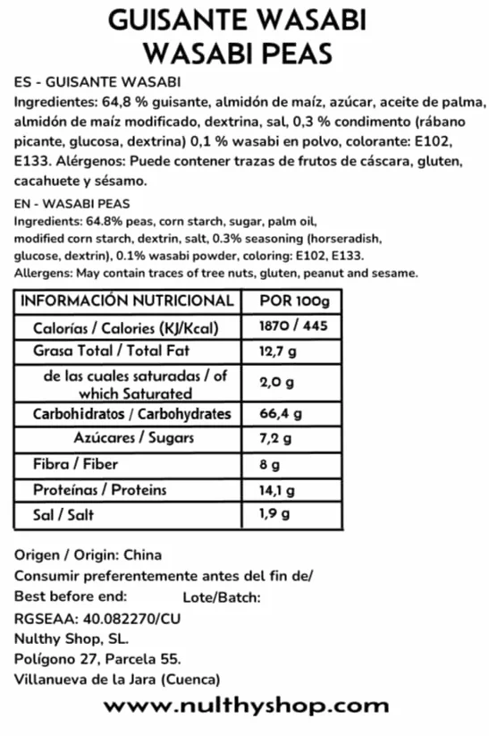 Guisantes con Wasabi 500g, Legumbre Tostada Picante, Snack Crujiente Alto en Proteína Vegetal