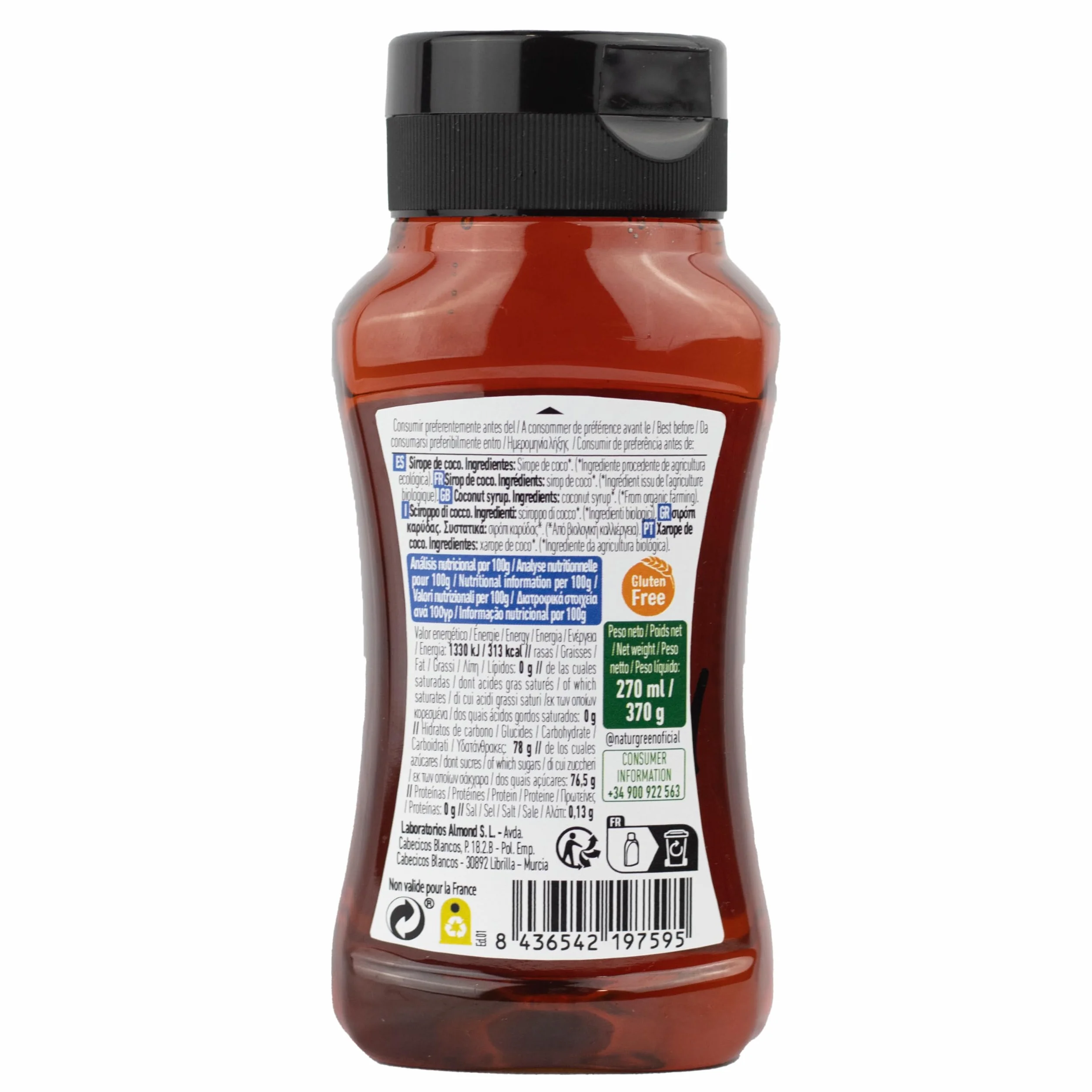 NaturGreen Sirope de Coco BIO Jarabe de Coco Dark Ecológico Bajo Índice Glucémico Edulcorante Vegano Sin Gluten - 255 ml/350g