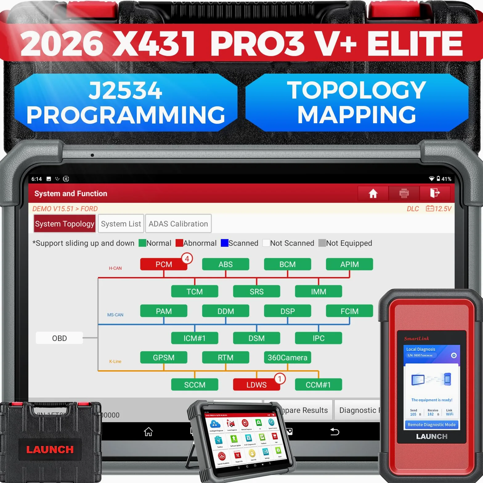 LAUNCH X431 PRO3 V+ Elite, 2025 Smartlink C 2.0 Herramienta de escaneo bidireccional con J2534, escaneo de camiones HD, mapa de topología, más de 60 servicios, codificación online, CANFD/DOIP/D-PDU