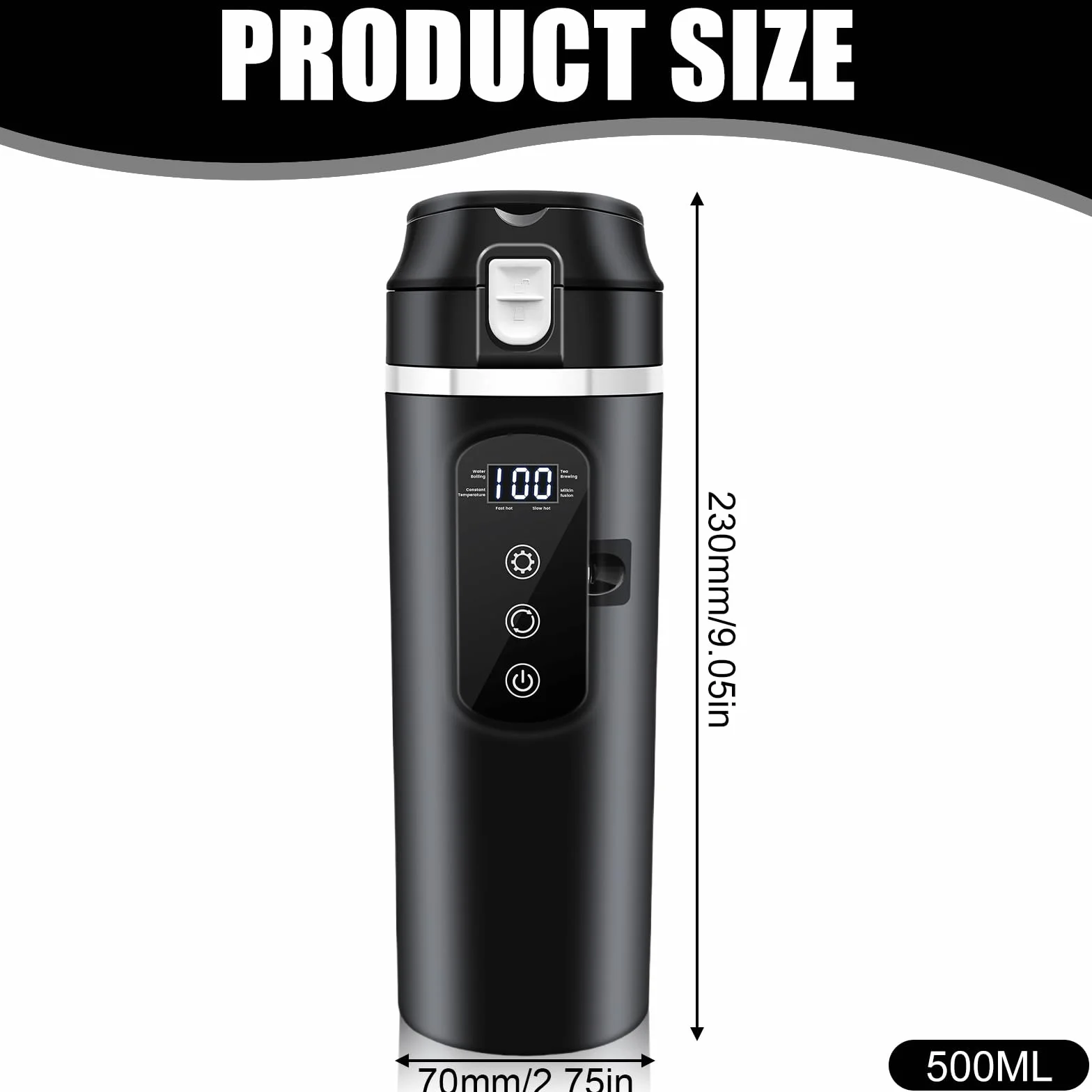 PORFOYO Hervidor de agua para coche, 12 V, minihervidor de café, 500 ml, negro, hasta 100 ℃, control de temperatura variable para camiones, viajes, camping