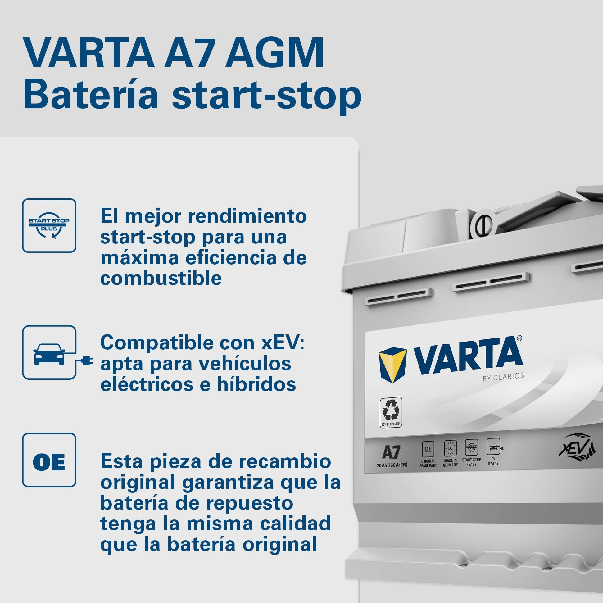 VARTA Batería Silver Dynamic AGM A7 (E39) – Start-Stop y batería de coche xEV 12 V 70 Ah 760 A – Batería de arranque para coches con alto consumo de energía
