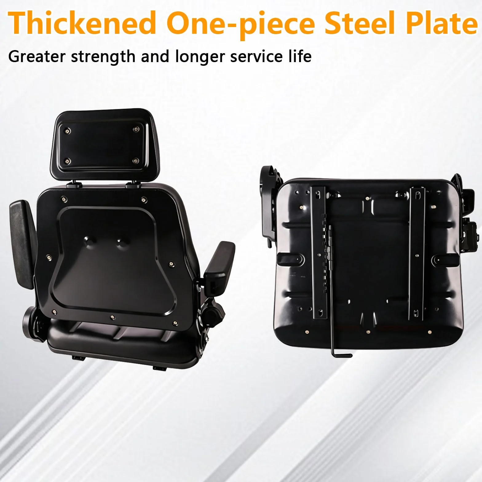 Asiento universal para montacargas, asiento de tractor con respaldo ajustable de 35°–180°, guía deslizante, apoyabrazos plegables y desmontables, cinturón de seguridad retráctil para montacargas