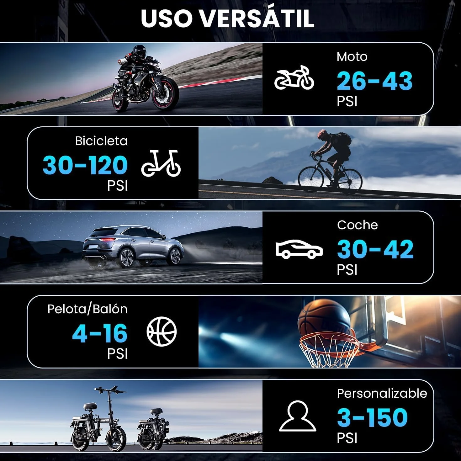 Inflador Eléctrico Portátil 150PSI con Parada Automática, Hinchador de Ruedas para Coche Moto Bicicleta