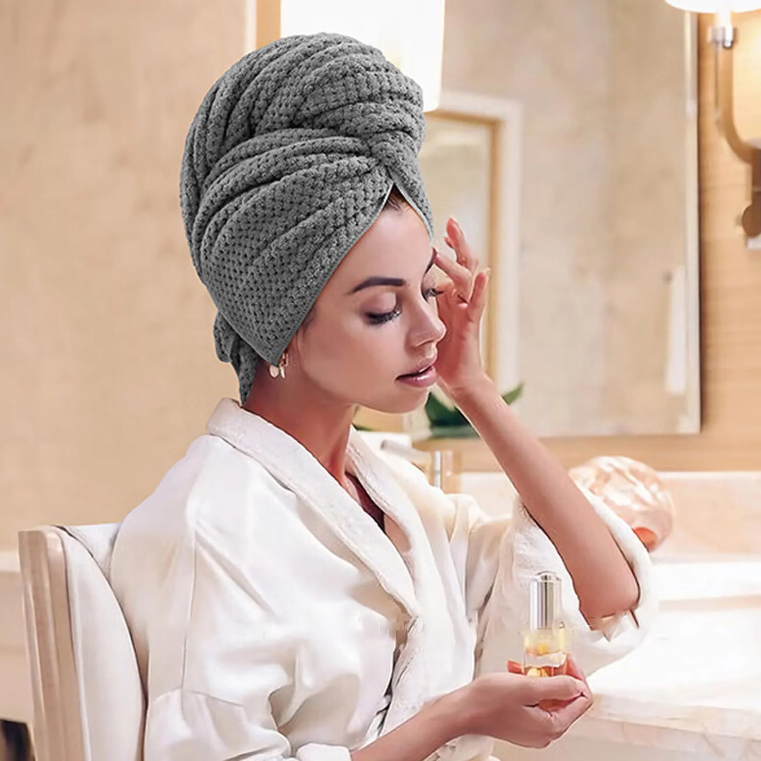 Toalla de Pelo de Microfibra Grande 103 x 60 cm, Turbante de Secado Rápido Superabsorbente con Banda Elástica