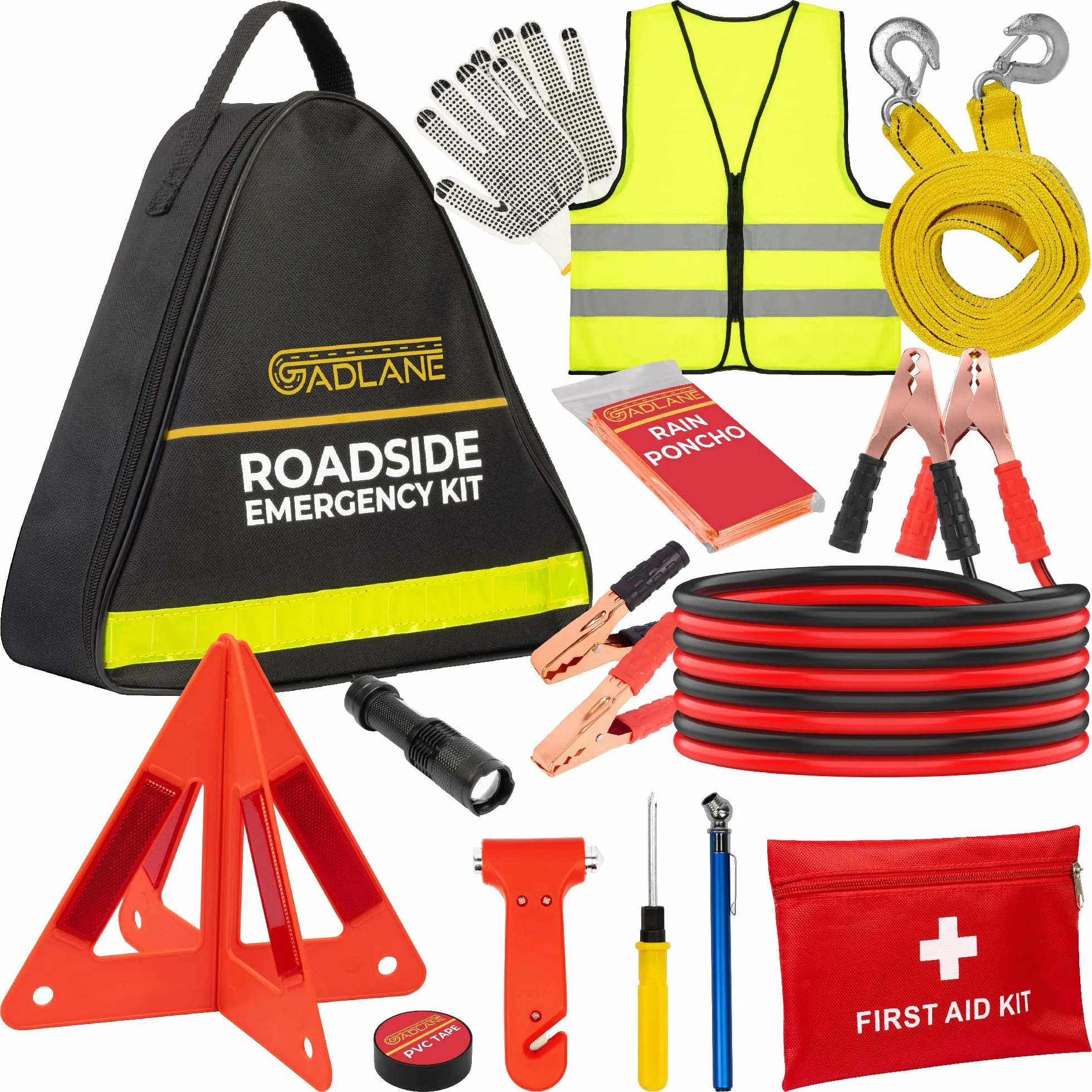 GADLANE Kit de emergencia para avería de coche - Gran kit de emergencia en carretera con triángulo de advertencia, cables de puente, cuerda de remolque, botiquín de primeros auxilios, martillo de