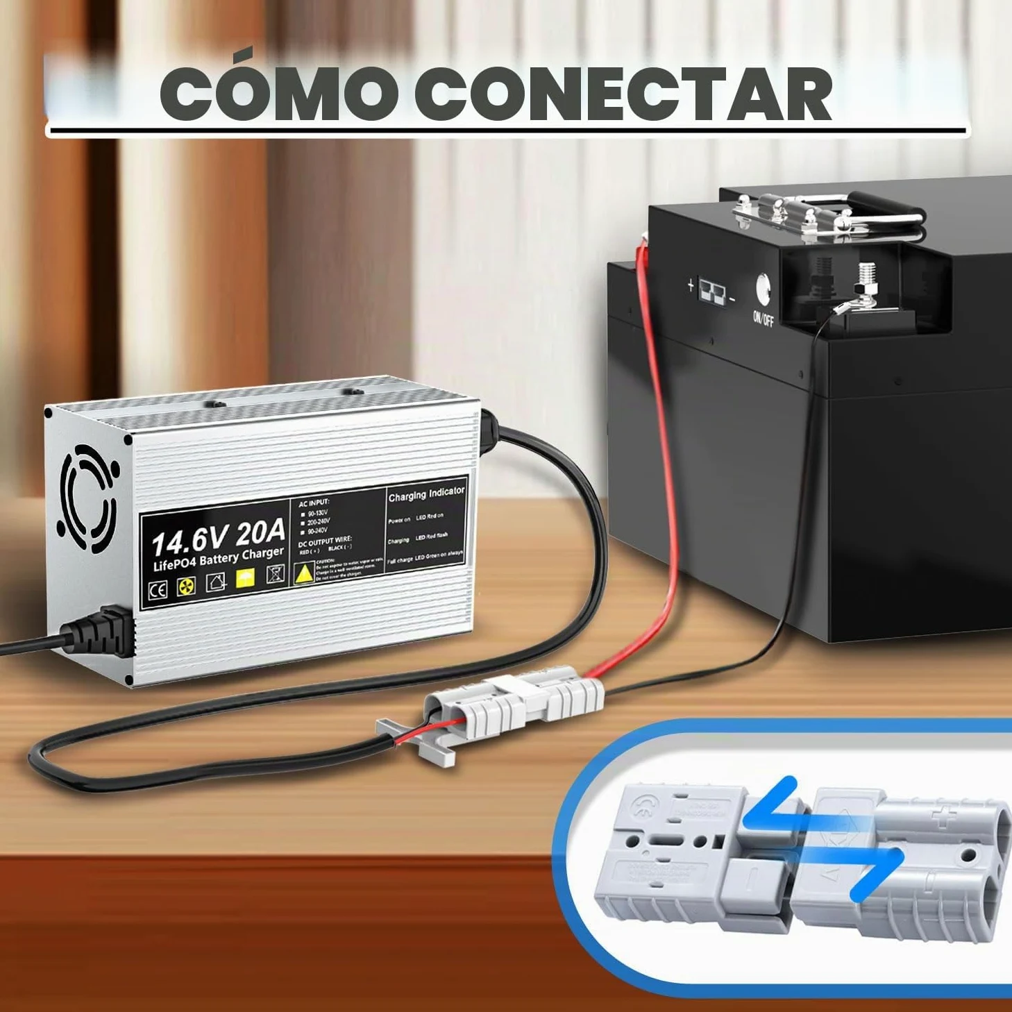 14,6V 20A Cargador de batería LiFePO4 para baterías Recargables de Ciclo Profundo de fosfato de Hierro y Litio de 12V (12,8V)
