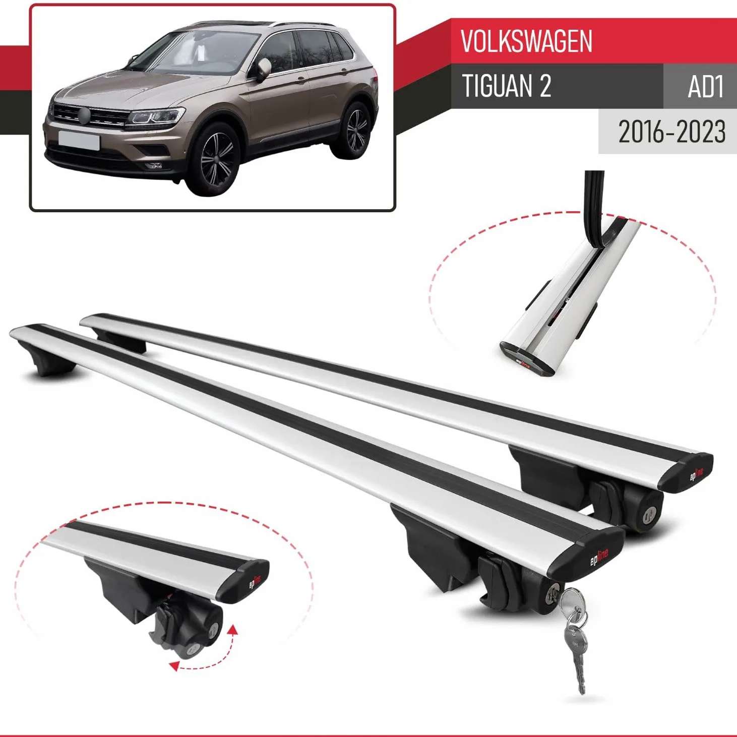 Compatible con Volkswagen Tiguan 2 (AD1) 2016-2023 Modelo Hook Barra de Techo Auto Portaequipajes Barras Transversales Gris Aluminio 2 Barras