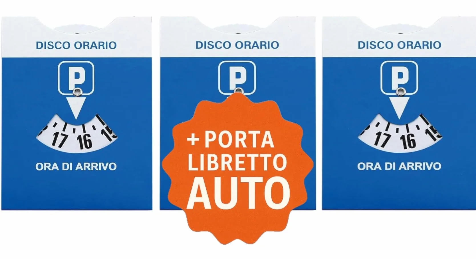 3 unidades – Disco horario para coche Maxi + Porta documentos de coche de plástico azul + bolsa protectora de PVC – 15 x 12 cm – Bienestar In Linea – Parquímetro, disco horario italiano para coche y