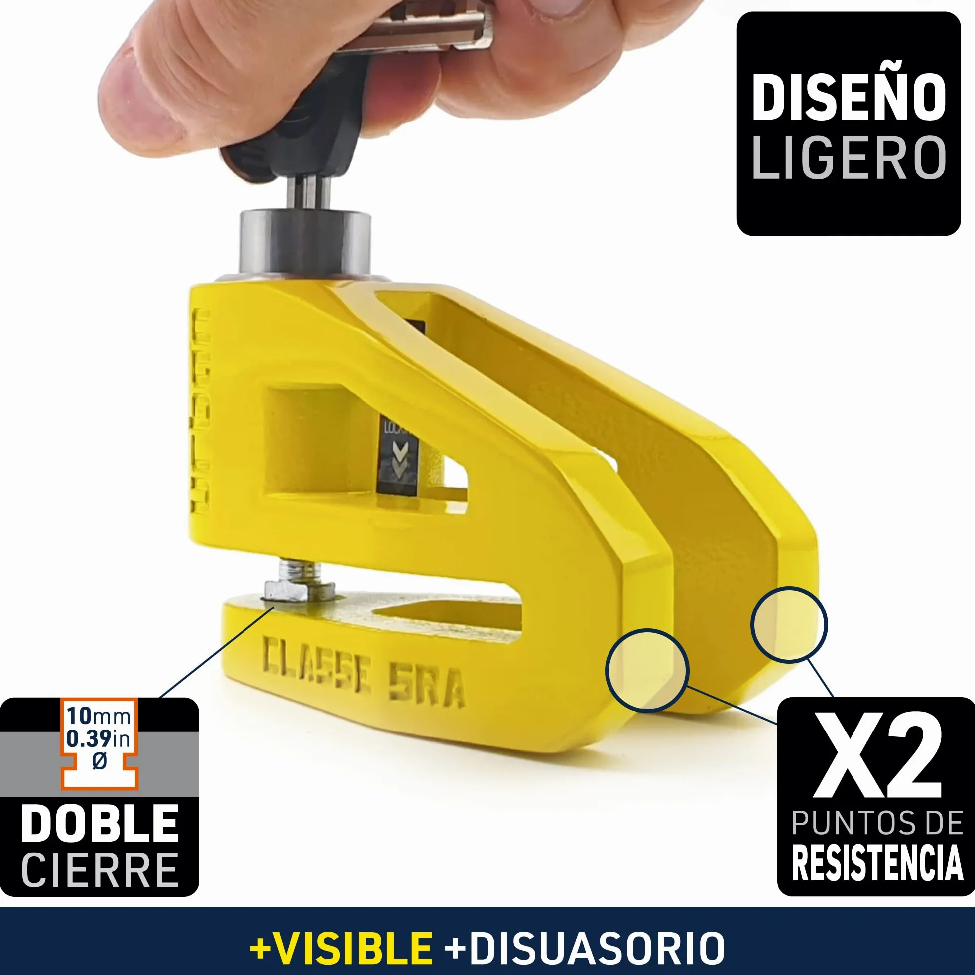 URBAN UR210Y Candado Moto Homologado SRA, Antirrobo Disco Máxima Seguridad, Testado Doble Bloqueo ø10mm, Cerradura Anti-Taladro, Arquitectura Ligera, Cepo Pinza Motos y Scooter, Acero Inox Amarillo