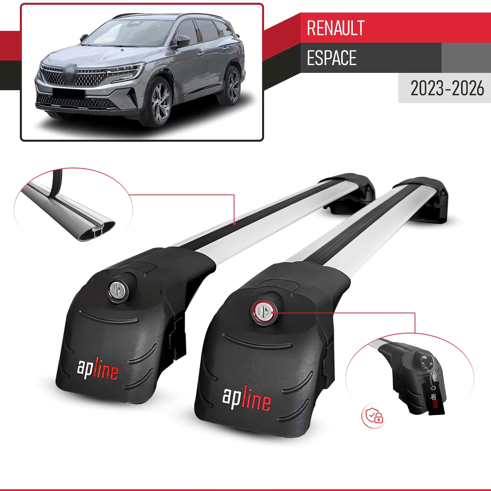Compatible con Renault Espace 2023-2026 Modelo Ace-2 Barra de Techo Auto Portaequipajes Barras Transversales Gris Aluminio 2 Barras