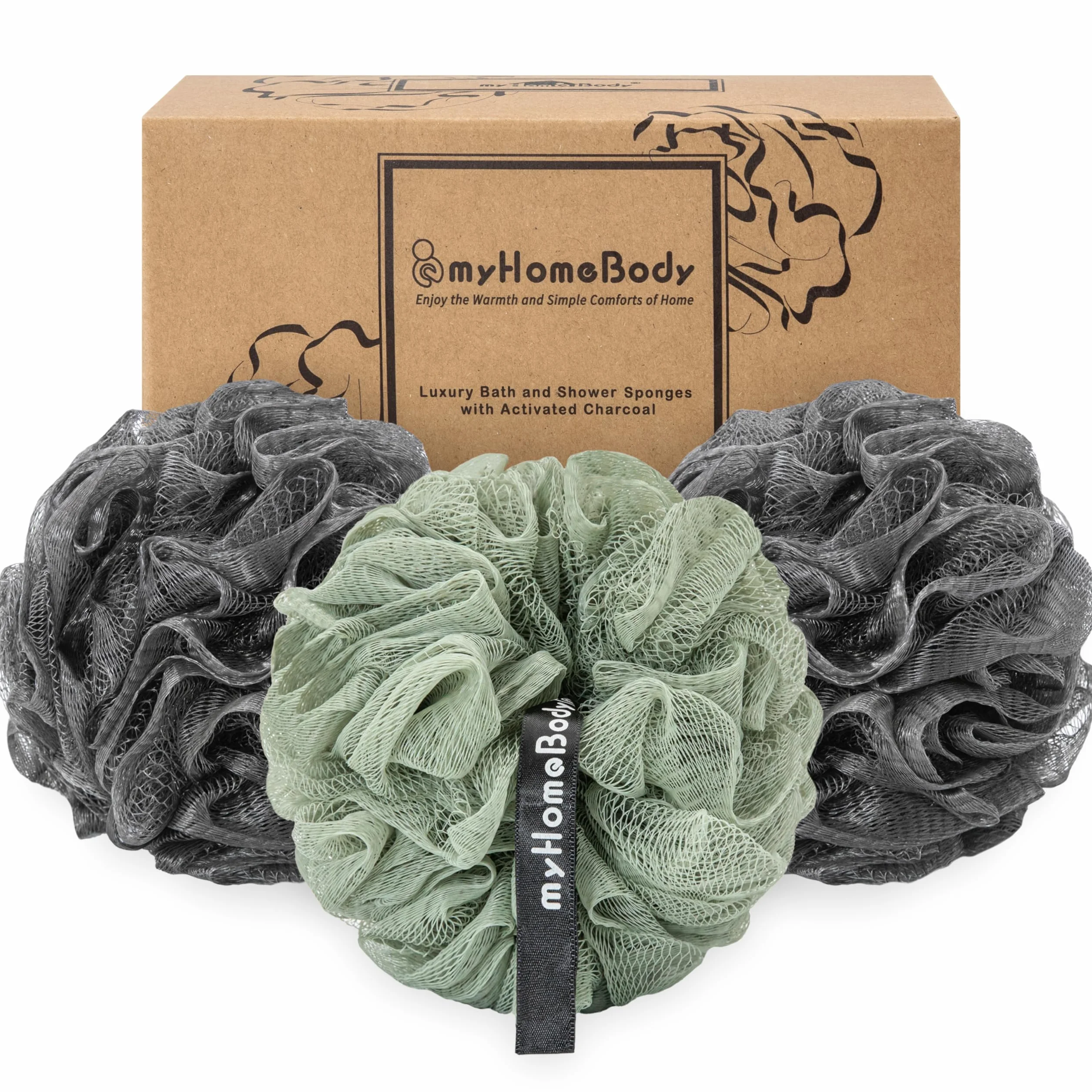 Esponja de lufa grande 70g exfoliante corporal baño con carbón activado 2 Graphite Gray + 1 Sage Green Paquete de 3