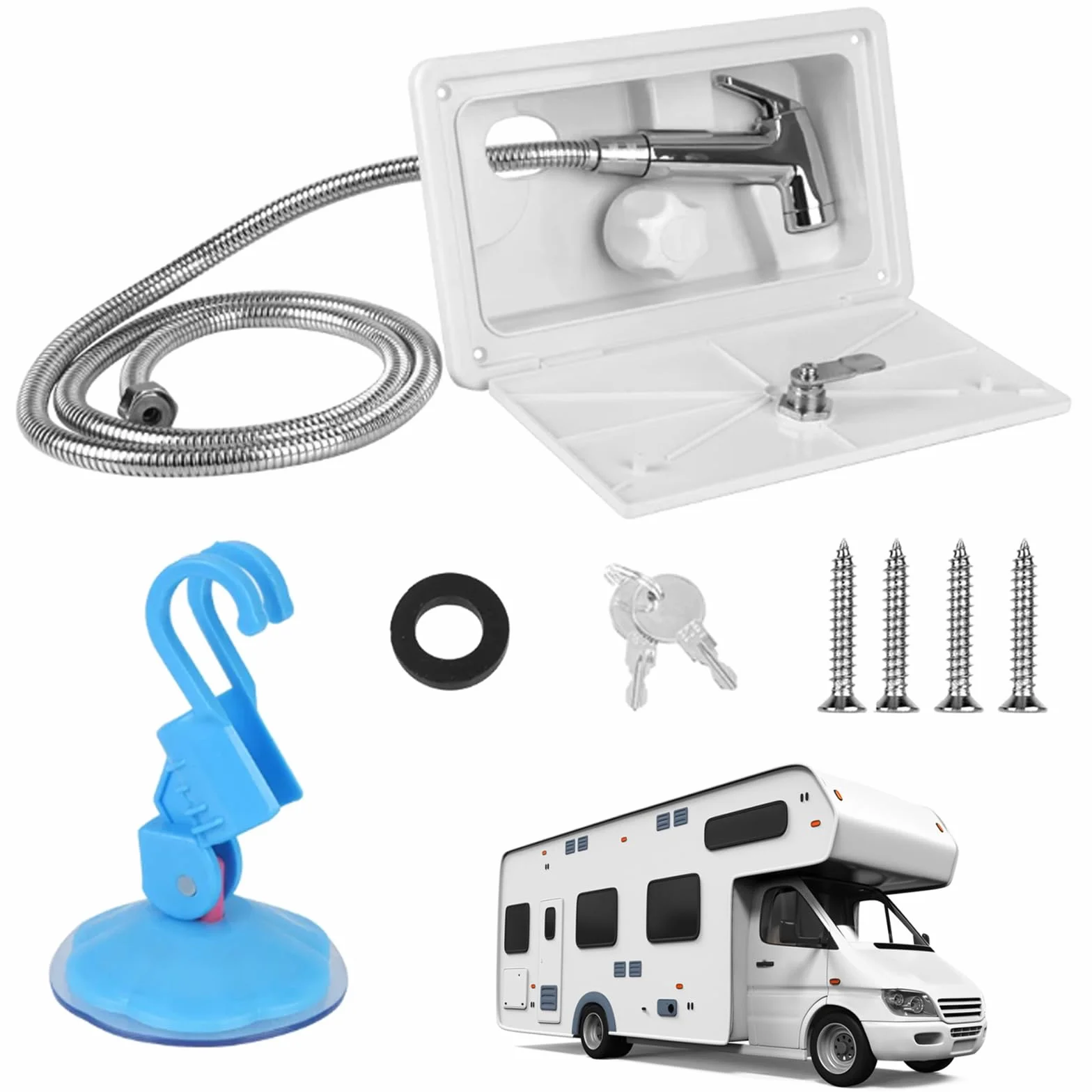Ducha Para RV, Ducha Al Aire Libre Para Autocaravanas, Kit De Caja De Ducha Con Interruptor De Frío Y Calor Con Cerradura, Ducha De Camping Para Autocaravana Marina Caravana- Blanco
